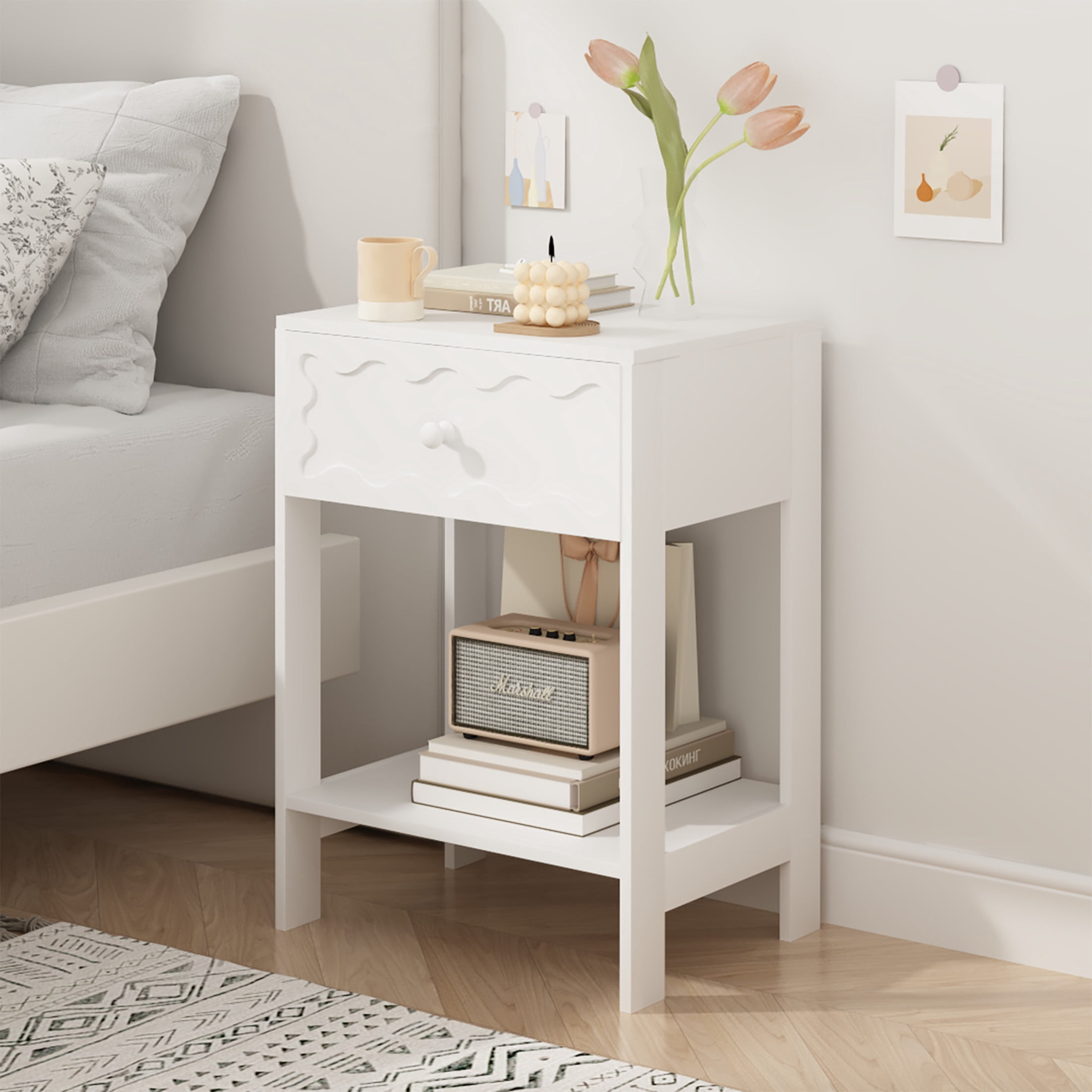 Noble House Modern Nightstand with Wave Pattern Drawer, Bedside Table with Solid Wood Frame, Bedroom, White
