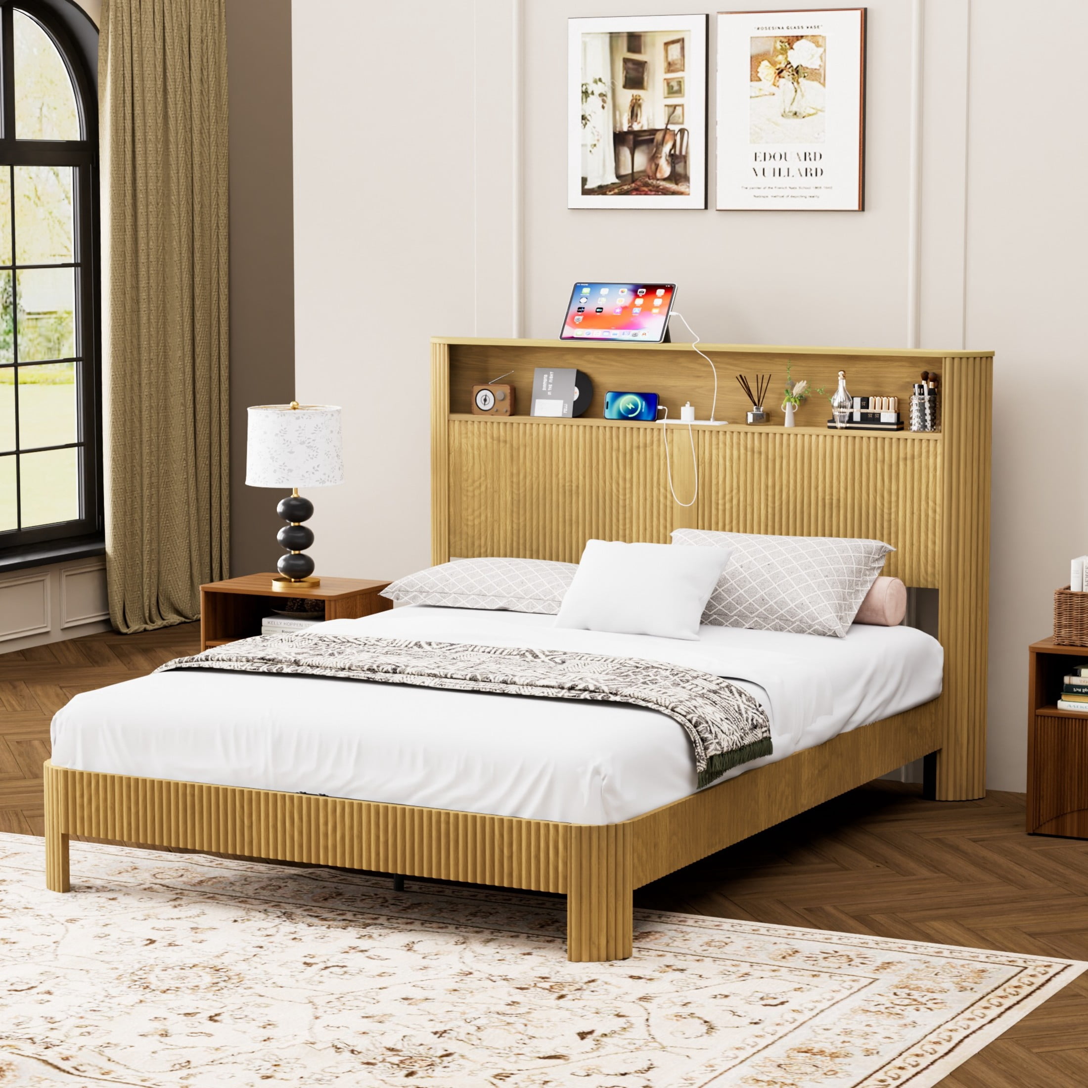 Noble House Modern Queen Bed Frame with Storage Headboard, Built-in Charging Station, Curved Panel Design, Natural
