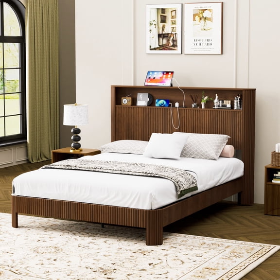 Noble House Modern Queen Bed Frame with Storage Headboard, Built-in Charging Station, Curved Panel Design, Walnut