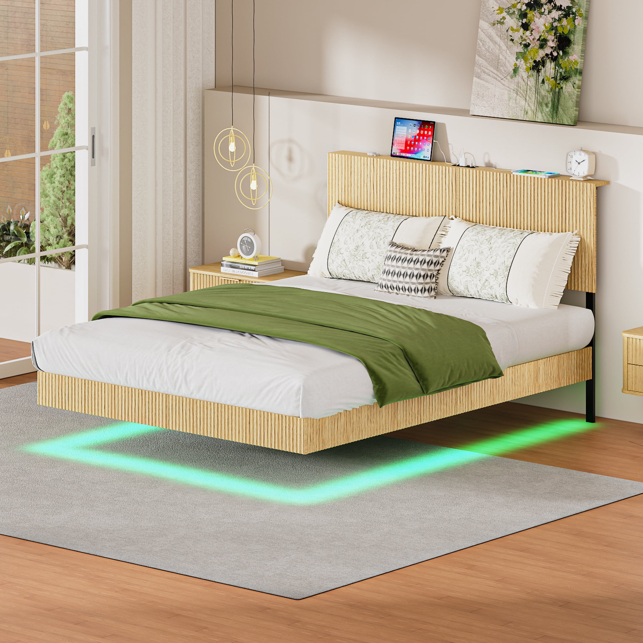 Noble House Modern Queen Floating Bed Frame with Charging Station, LED Lights & Wavy Headboard, Oak