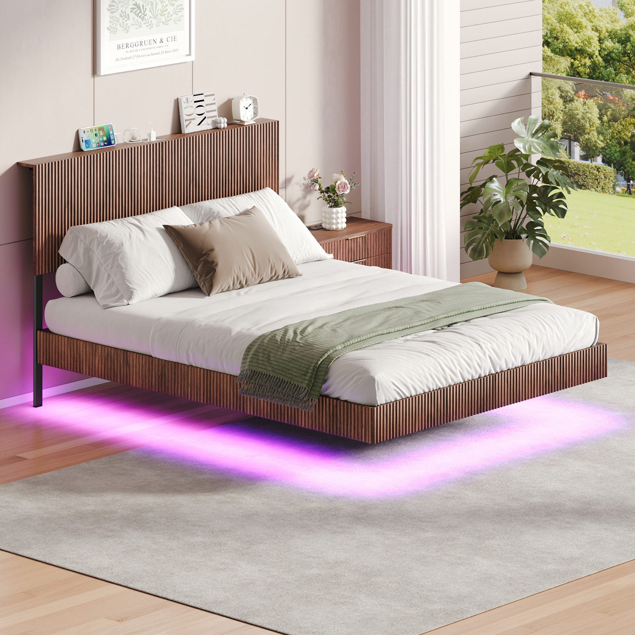 Noble House Modern Queen Floating Bed Frame with Charging Station, LED Lights & Wavy Headboard, Walnut