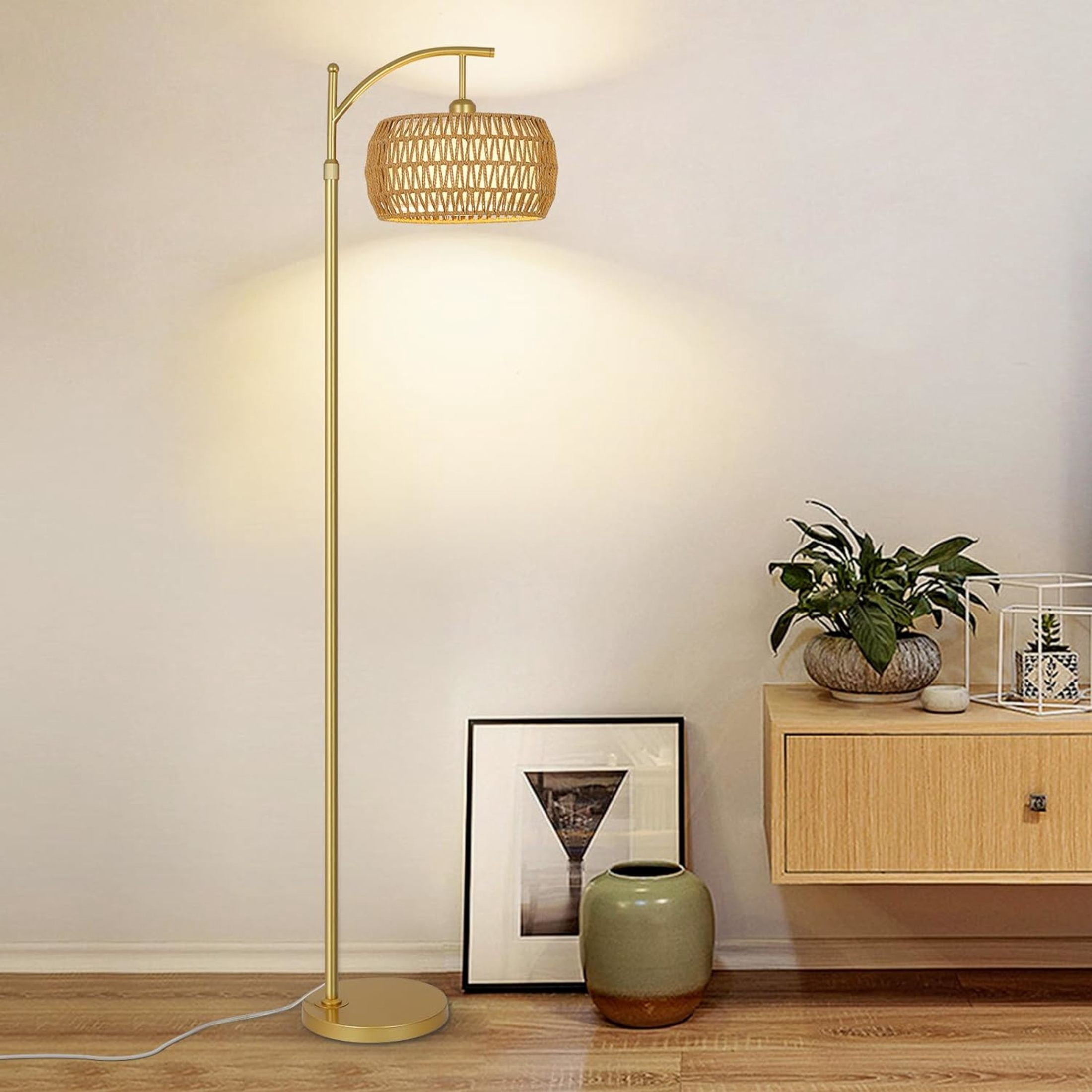 Noble House Modern Rattan Floor Lamp, Remote Dimmable, Adjustable Tall & Color Temperatures, Arc Drum Shade, Gold