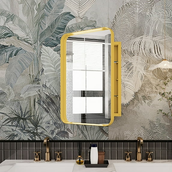 Noble House Modern Recessed Medicine Cabinet with Mirror, Metal Frame & Adjustable Glass Shelves, Golden
