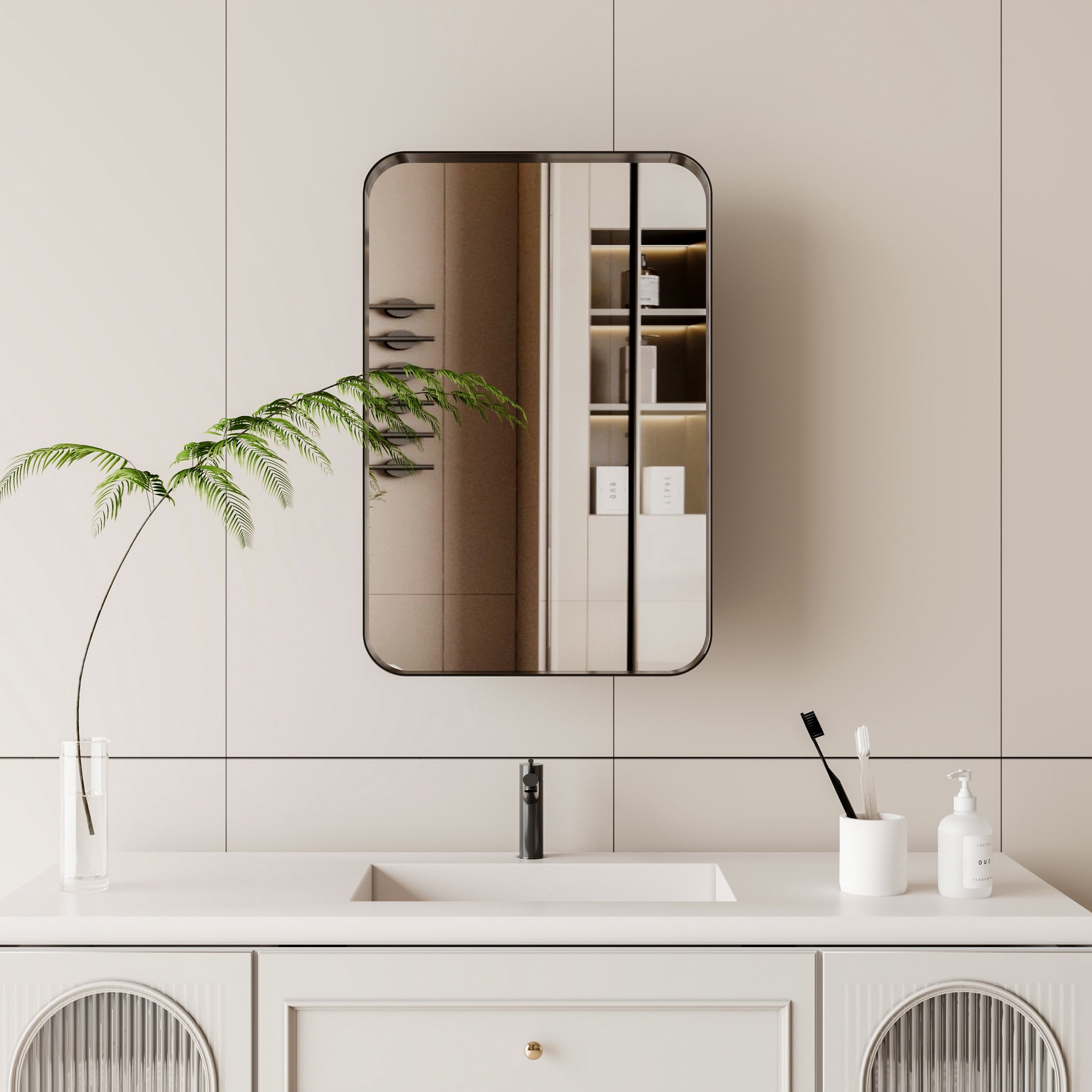 Noble House Modern Recessed Medicine Cabinet with Mirror, Metal Frame & Adjustable Glass Shelves, Matte Black