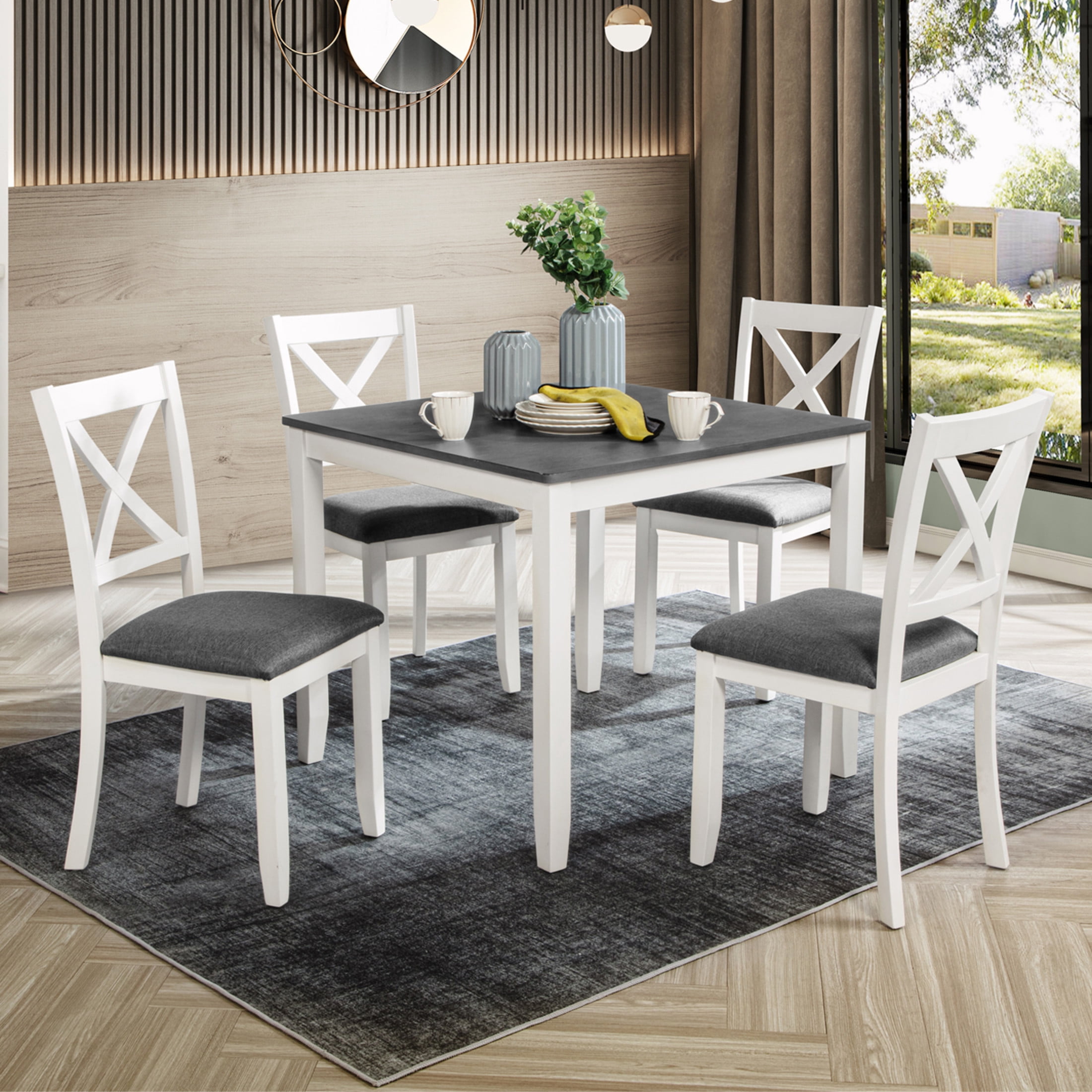 Noble House Modern Square Wooden Dining Table Set for 4 with X-Back Upholstered Chairs, Gray+White