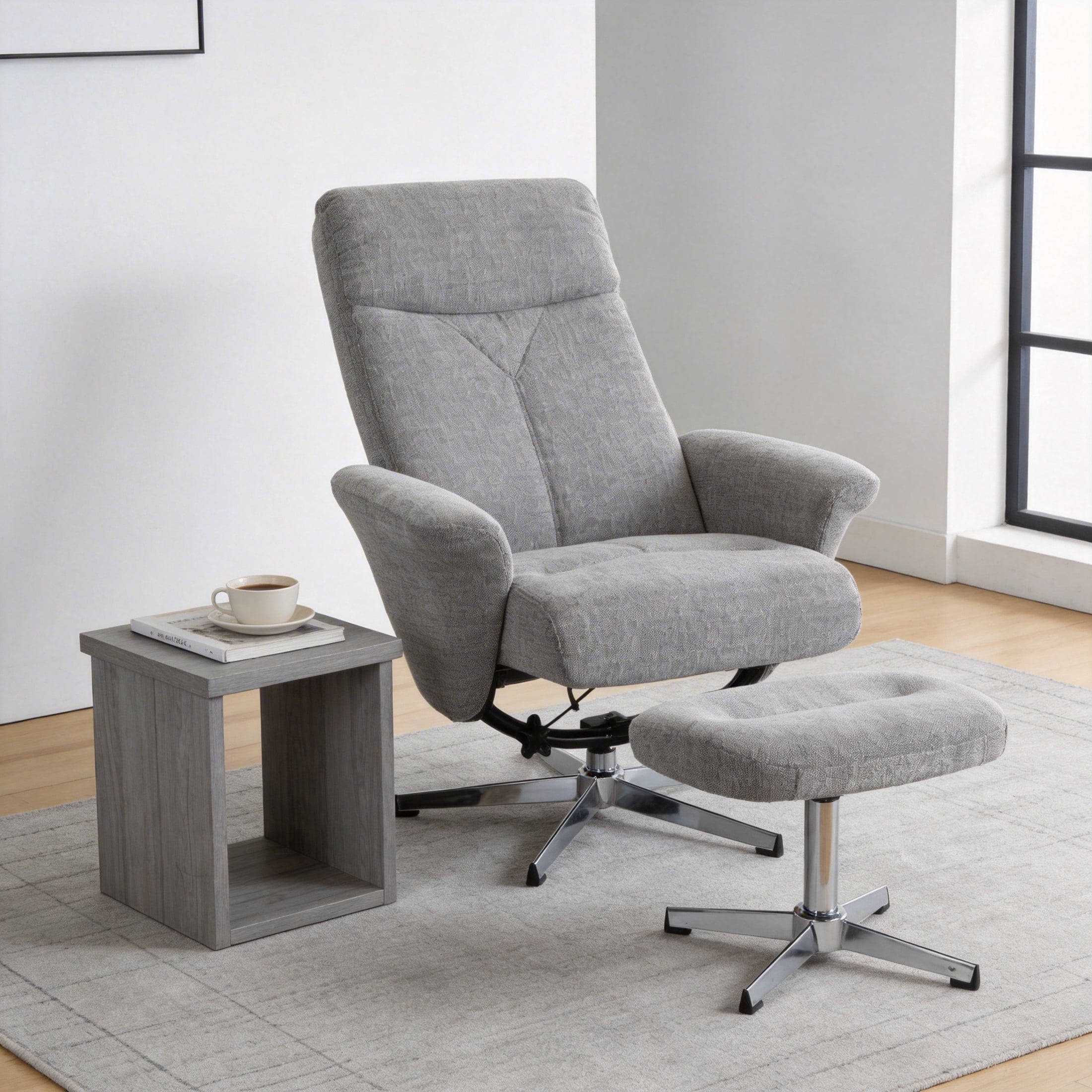 Noble House Modern Swivel Chenille Recliner with Ottoman, Ergonomic Manual Upholstered Lounge Chair, Light Gray