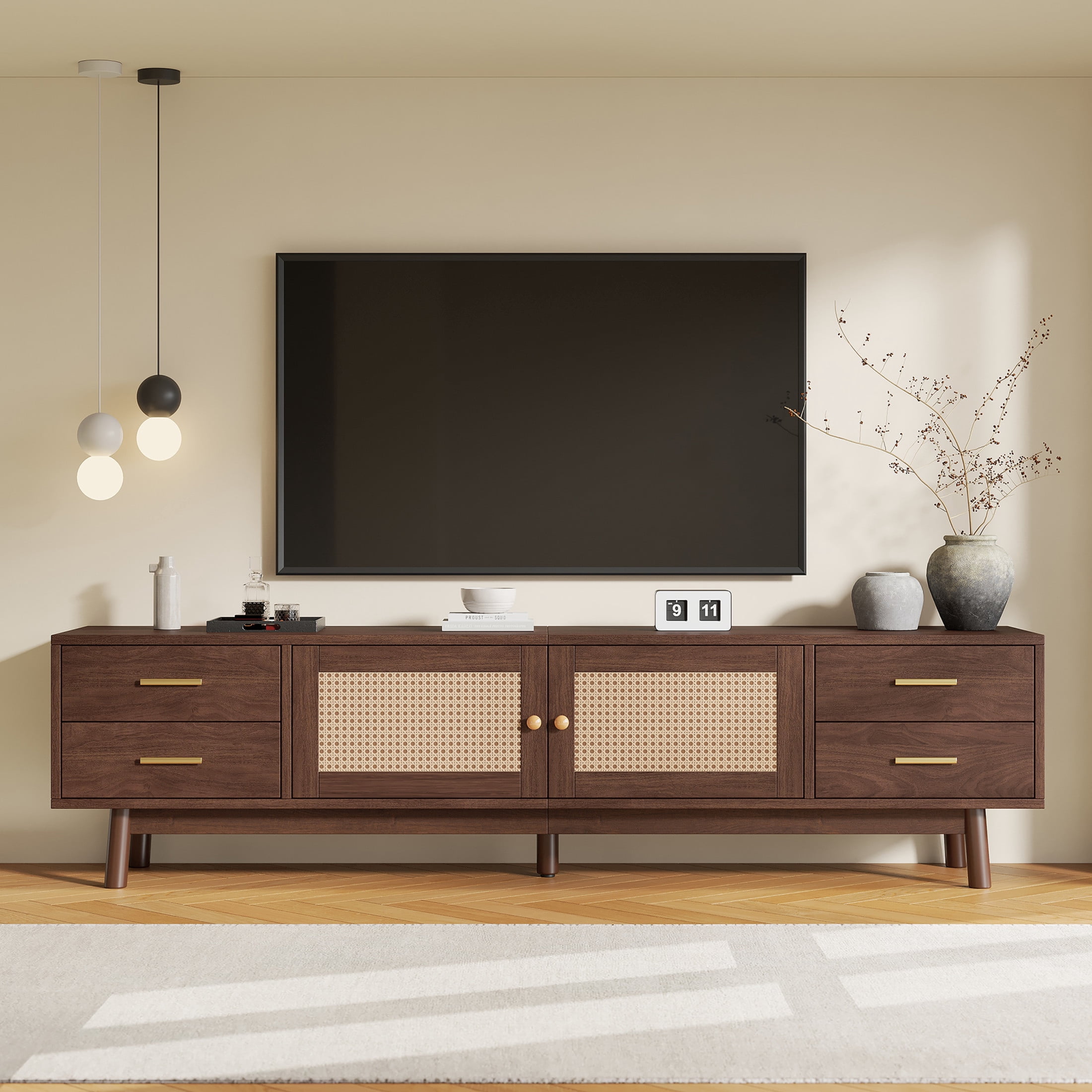 Noble House Modern TV Stand for TVs up to 80" with Rattan Doors, 4 Drawers, Dark Brown