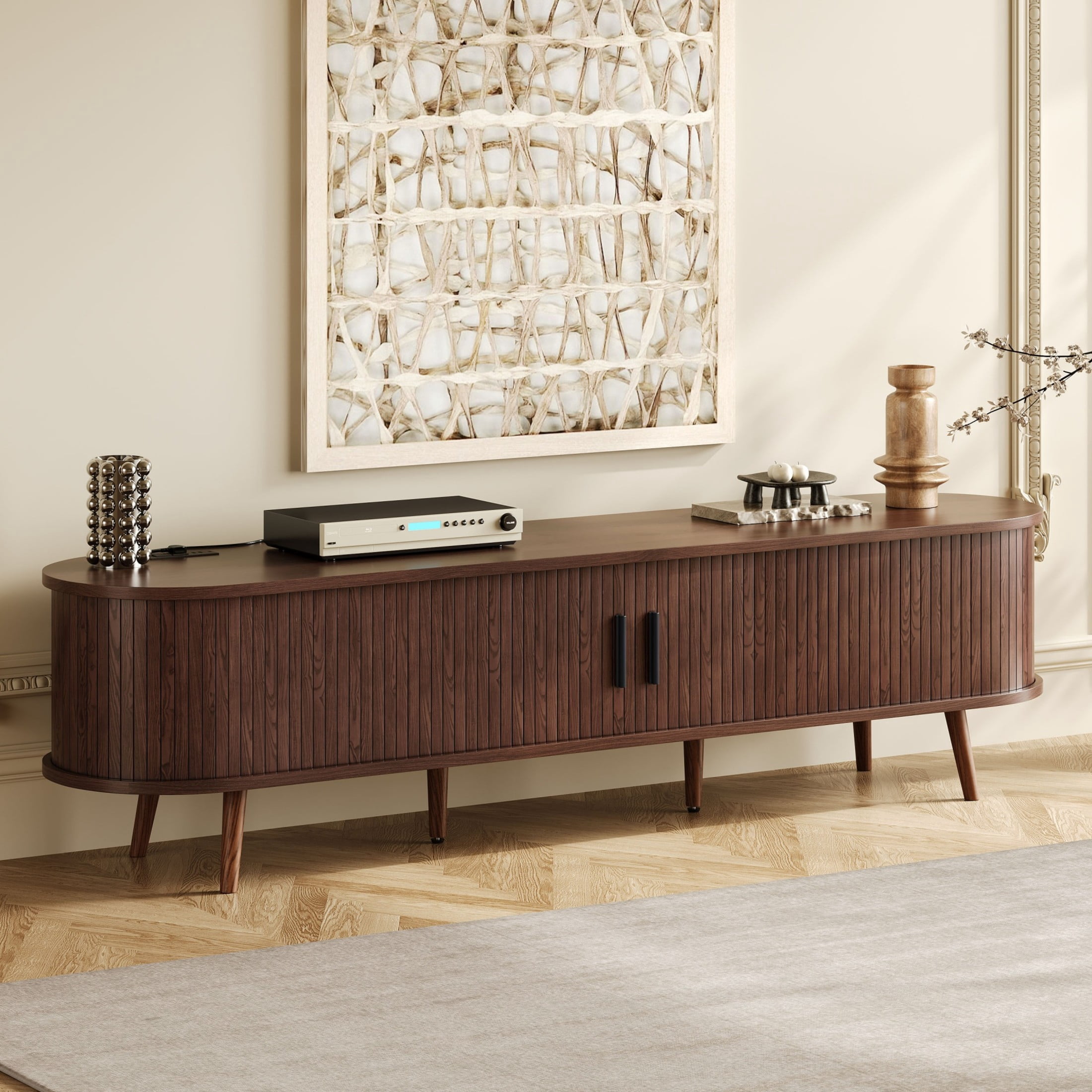 Noble House Modern TV Stand for TVs up to 80" with Tambour Doors, Drawers and Power Outlet, Dark Brown