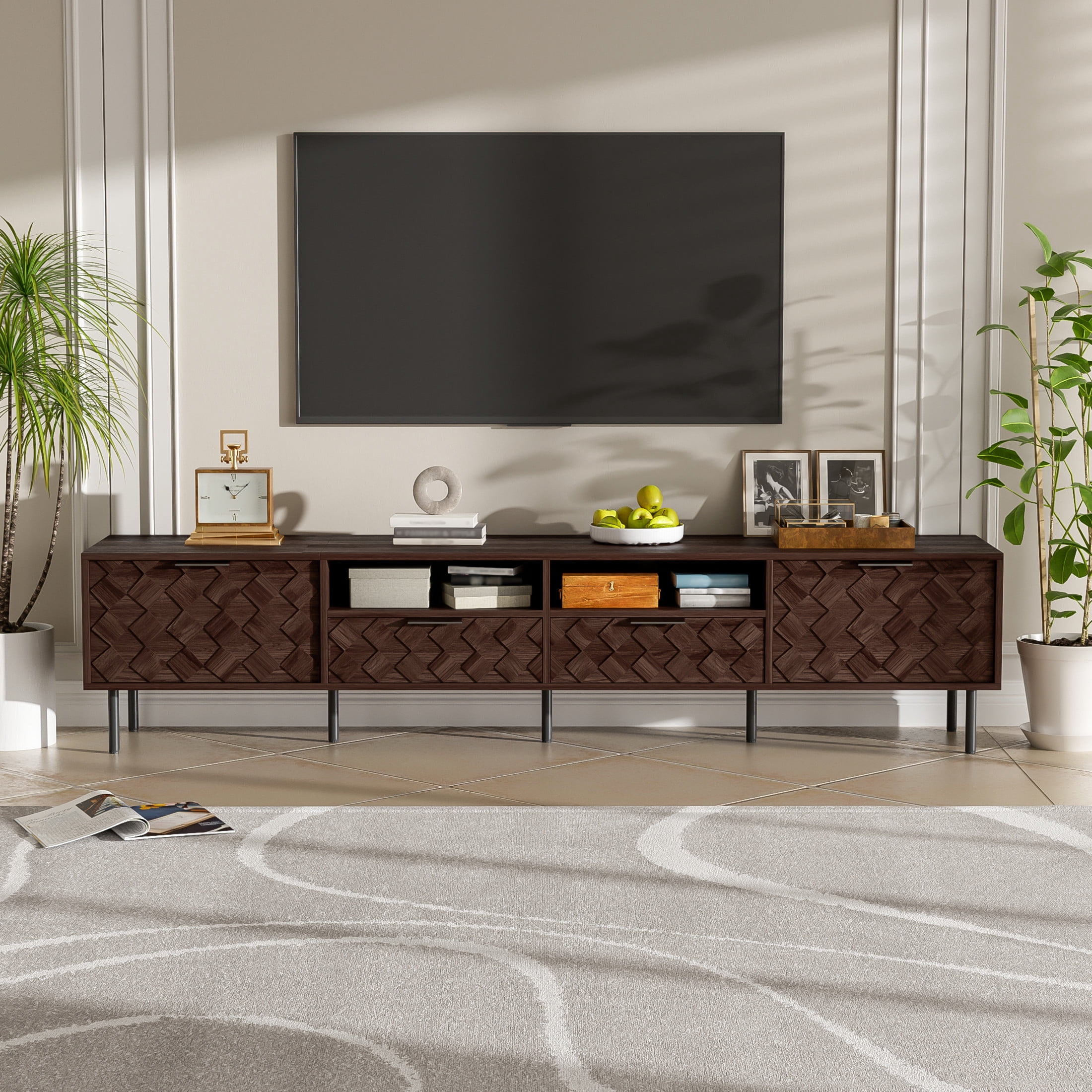 Noble House Modern TV Stand for TVs up to 85" with Storage Cabinets, Drawers and Open Shelves, Dark Brown