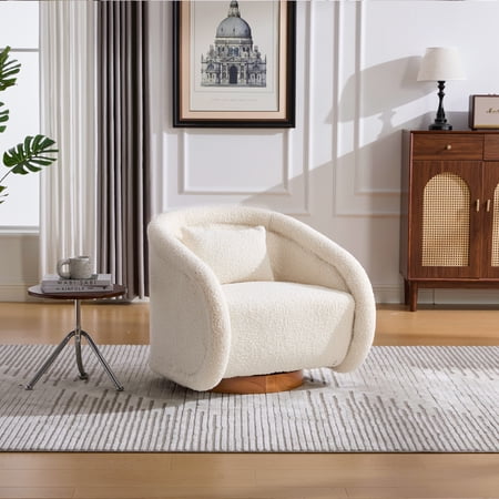 Noble House Modern Teddy Swivel Barrel Accent Chair, 360 Degree Wood Base Pumpkin Design, White