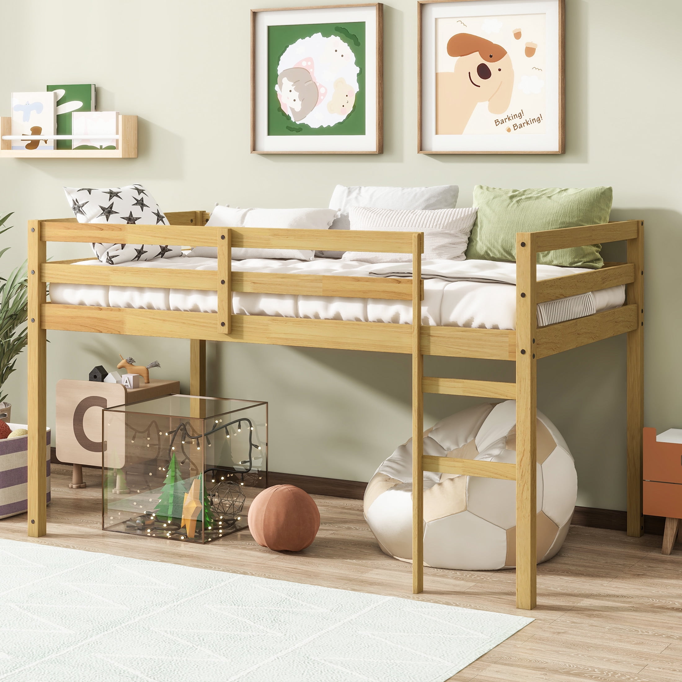 Noble House Modern Tilda Twin Loft Bed, Solid Rubber Wood Frame with Ladder, Spacious Under for Kids, Natural