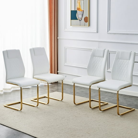 Noble House Modern Upholstered Dining Chairs, Faux Leather Padded Seat Side Chair, Golden Metal Legs, White, Set of 4