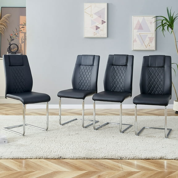 Noble House Modern Upholstered Dining Chairs, Faux Leather Padded Seat Side Chair, Silver Metal Legs, Black, Set of 4