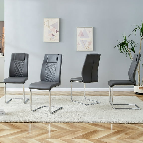 Noble House Modern Upholstered Dining Chairs, Faux Leather Padded Seat Side Chair, Silver Metal Legs, Gray, Set of 4