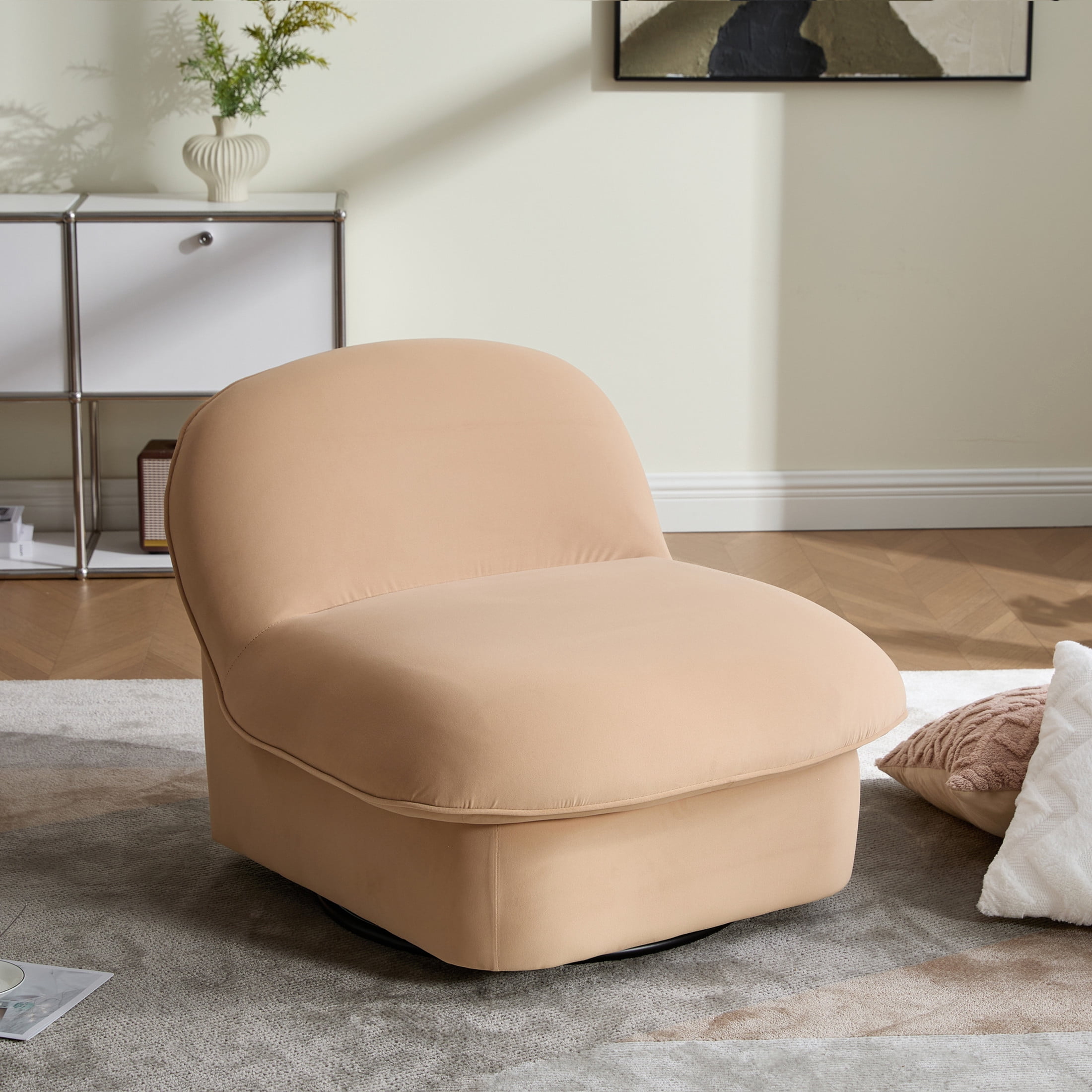 Noble House Modern Velvet Swivel Accent Chair, 360 Degree Rotating Metal Base, Khaki