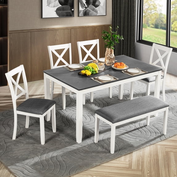 Noble House Modern Wooden Dining Table Set for 6 with X-Back Upholstered Chairs & Bench, Gray+White