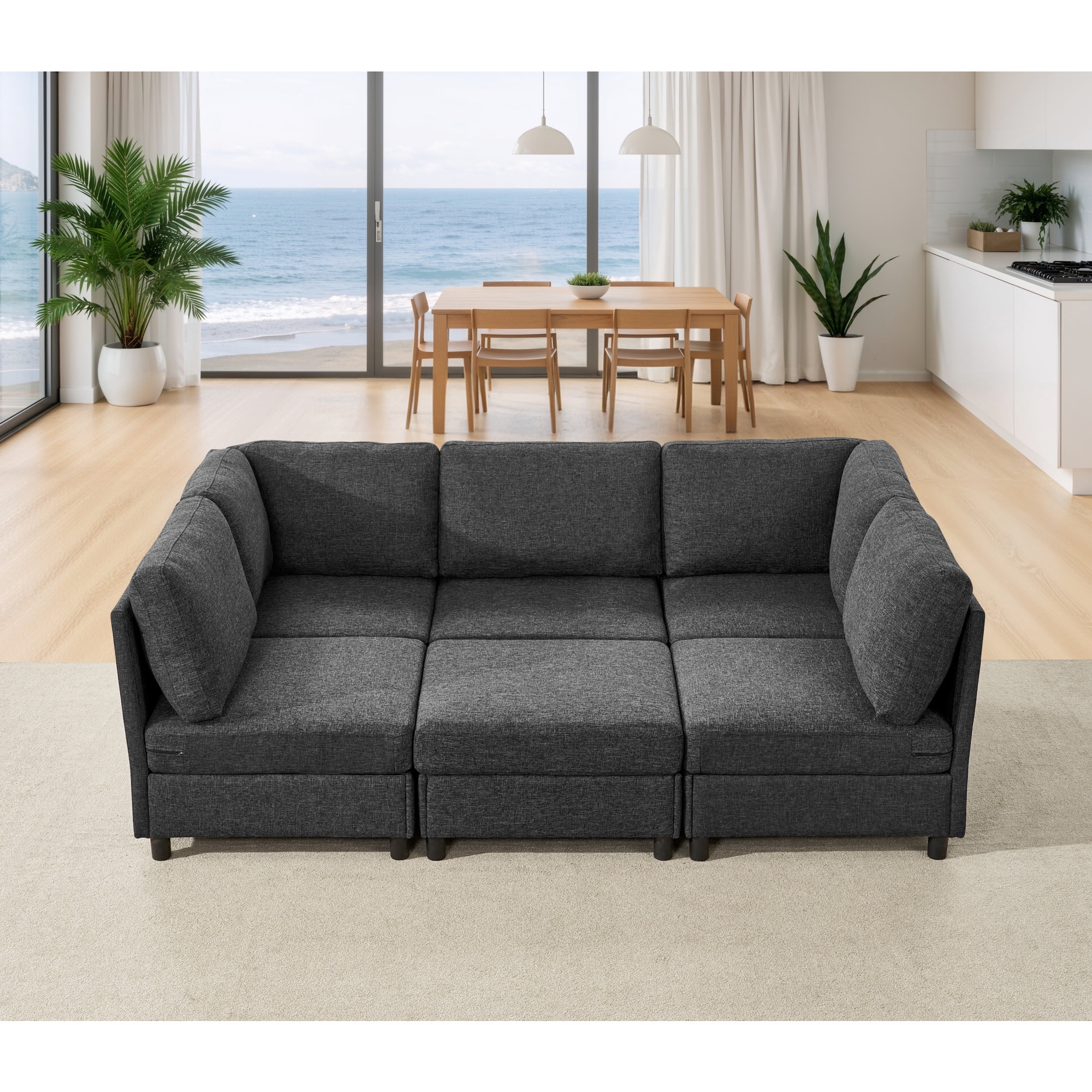 Noble House Modular Sectional Sofa with Convertible Ottoman, 6-Seat Corner Couch, Dark Gray