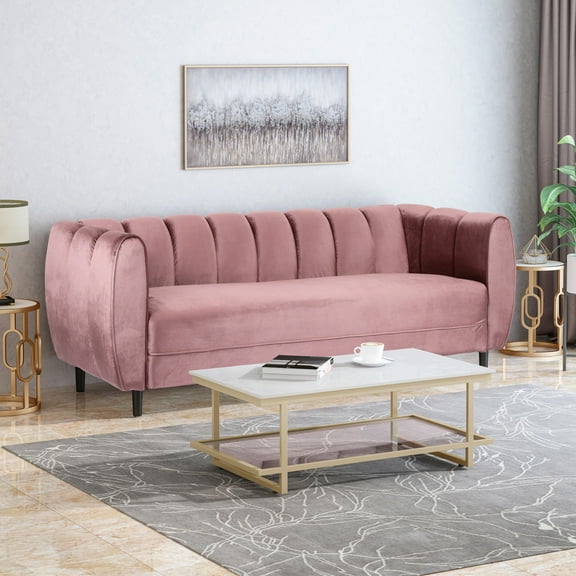 Noble House Mohammad Channel Stitch Velvet 3 Seater Sofa, Blush