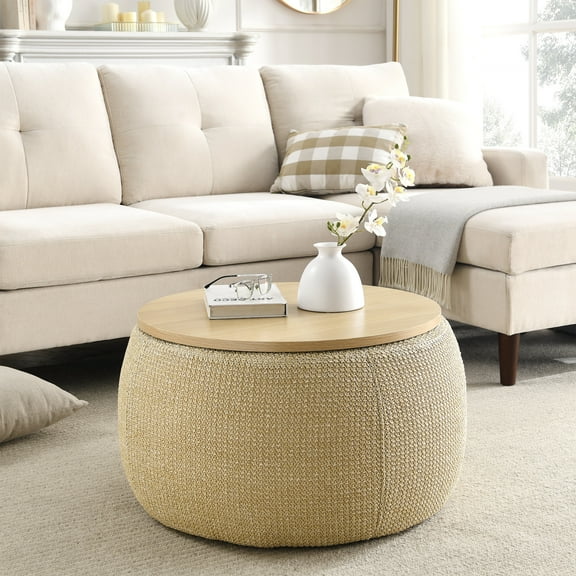 Noble House Monroe Round Storage Ottoman, Hidden storage space, Versatile Use, Work as End table and Ottoman, Natural