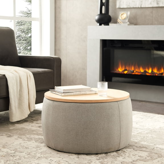 Noble House Monroe Round Storage Ottoman, Hidden storage space, Versatile Use for Living Room, Bedroom,No Assembly Required, Light Grey