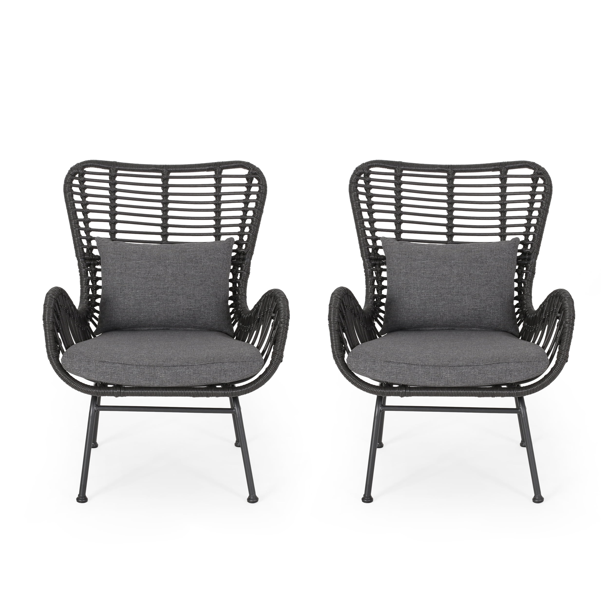 Noble House Montana Modern Faux Rattan Club Chairs with Water-Resistant Cushions, (Set of 2)