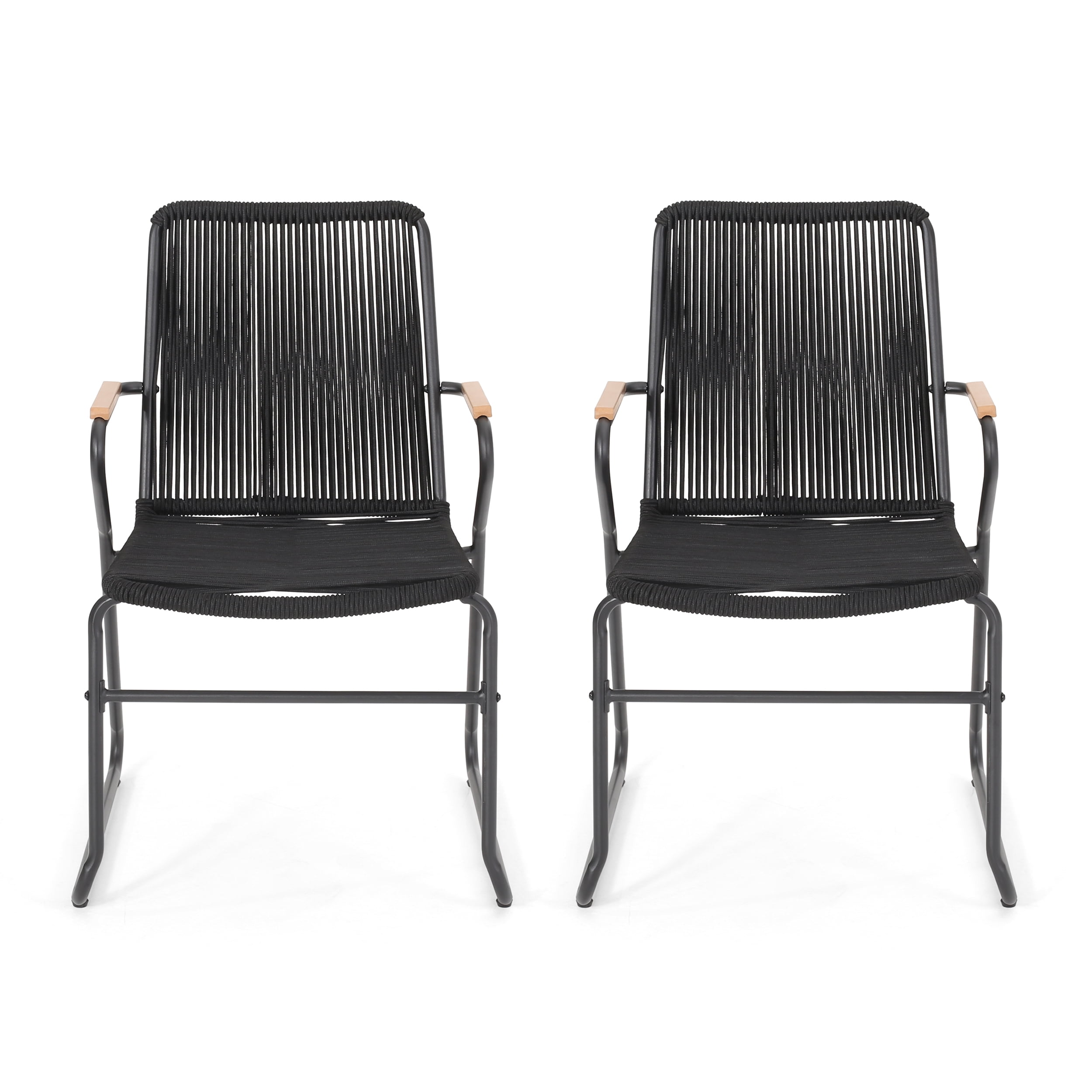 Modern Black Rope Weave Club Chairs with Iron Frame, Set of 2