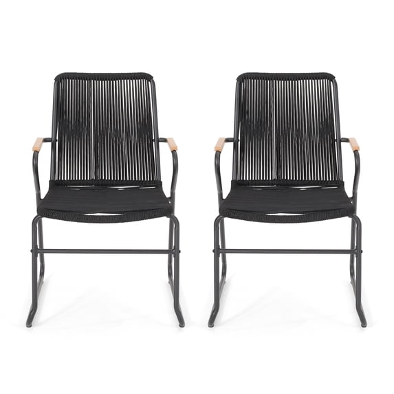 Anakin Modern Outdoor Rope Weave Club Chair, Set of 2, Black and Natural