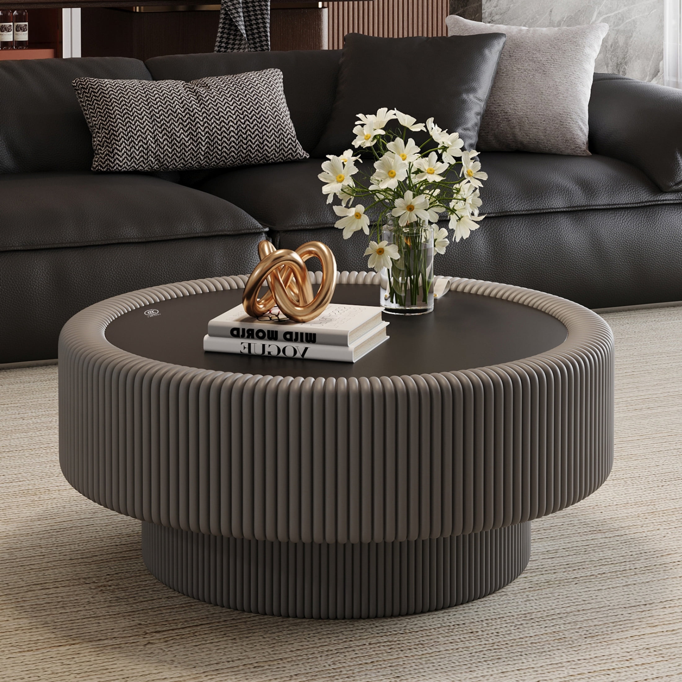 Noble House Morade 31.5" Fluted Round Storage Coffee Table with Glass Top & Leather Wrapped for Living Room, Gray