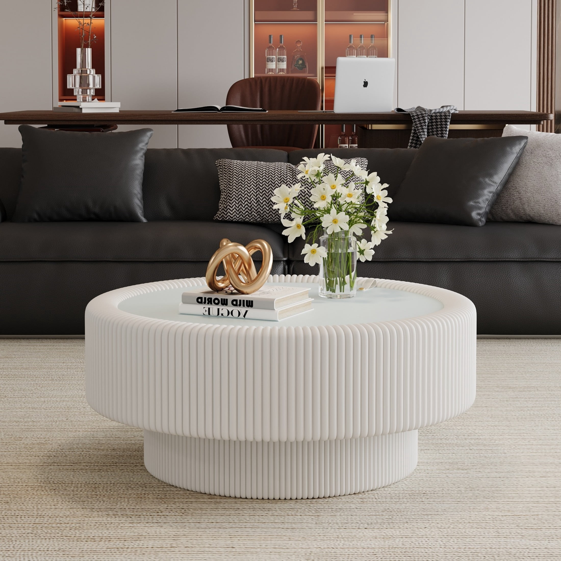 Noble House Morade 31.5" Fluted Round Storage Coffee Table with Glass Top & Leather Wrapped for Living Room, White