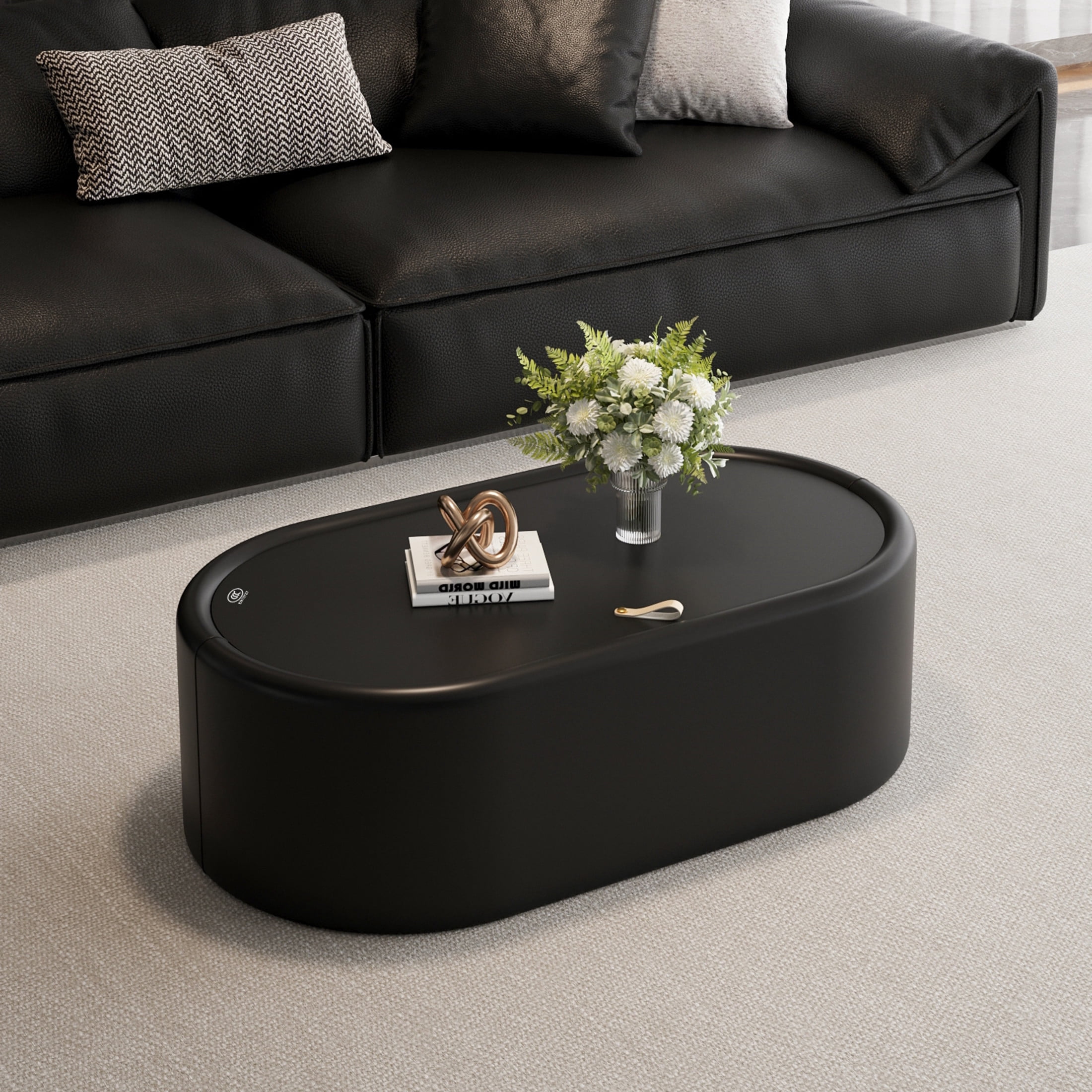 Noble House Morade 33.5" Fluted Curved Rectangle Storage Coffee Table with Glass Top & Leather Wrapped for Living Room, Black