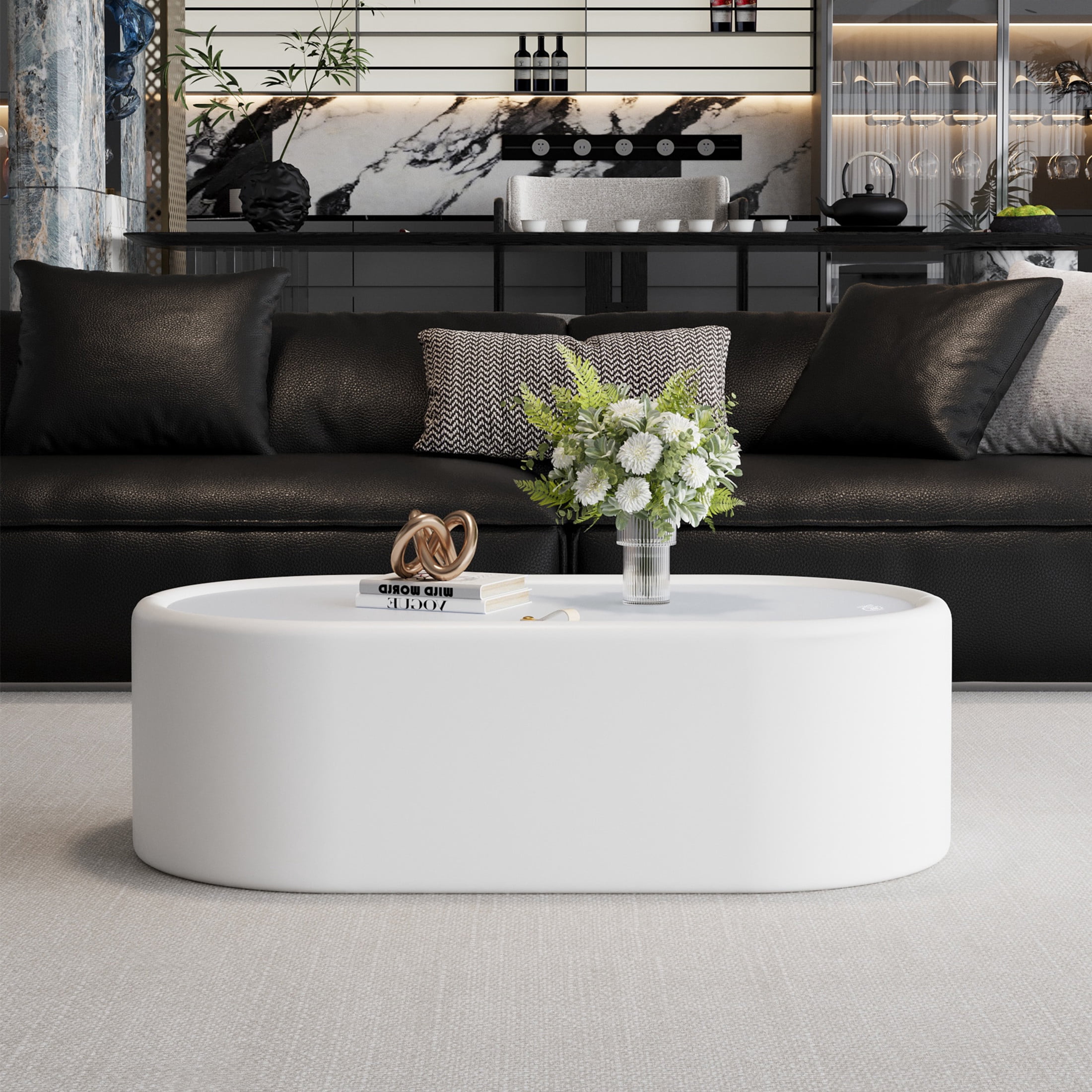Noble House Morade 33.5" Fluted Curved Rectangle Storage Coffee Table with Glass Top & Leather Wrapped for Living Room, White