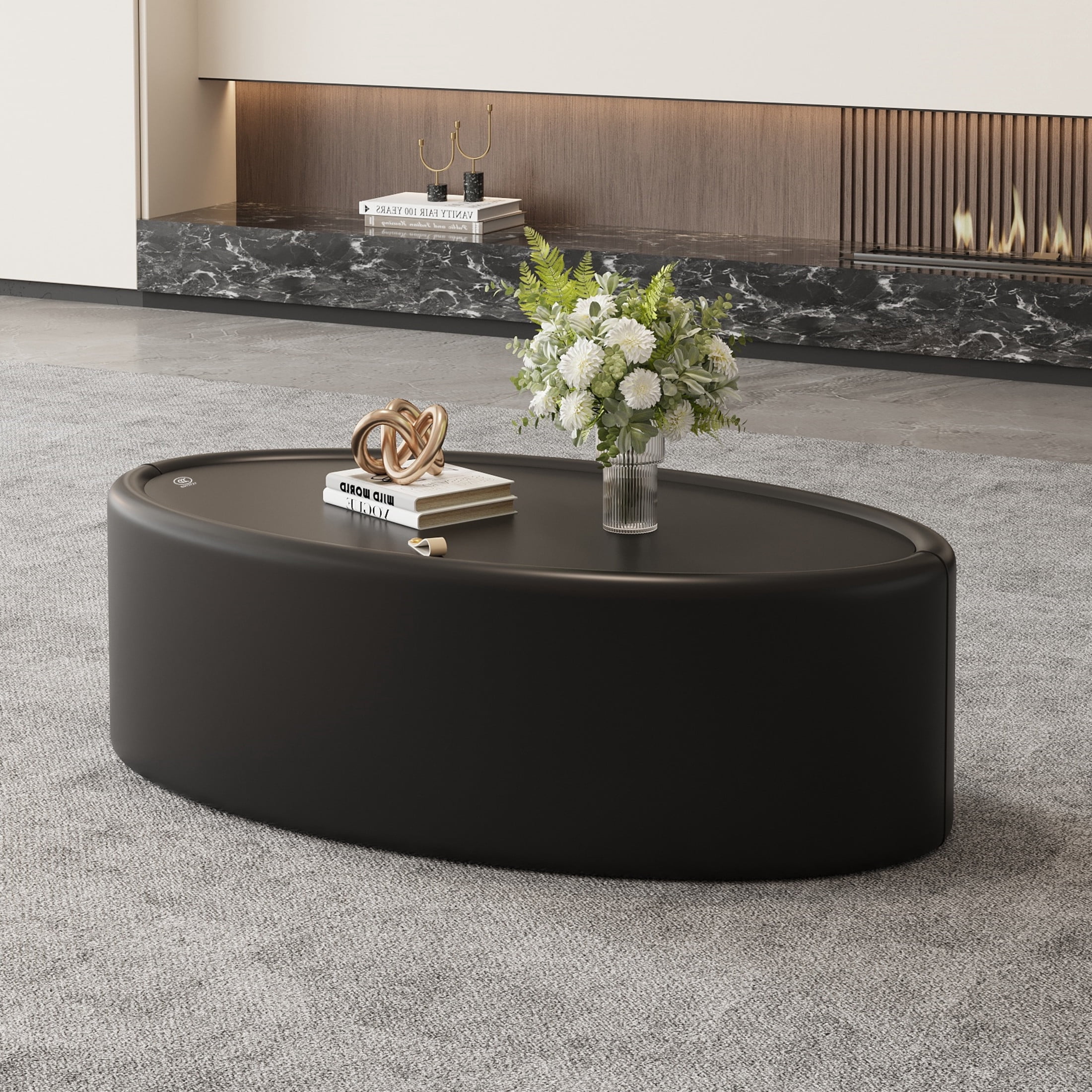 Noble House Morade 33.5" Fluted Oval Storage Coffee Table with Glass Top & Leather Wrapped for Living Room, Black
