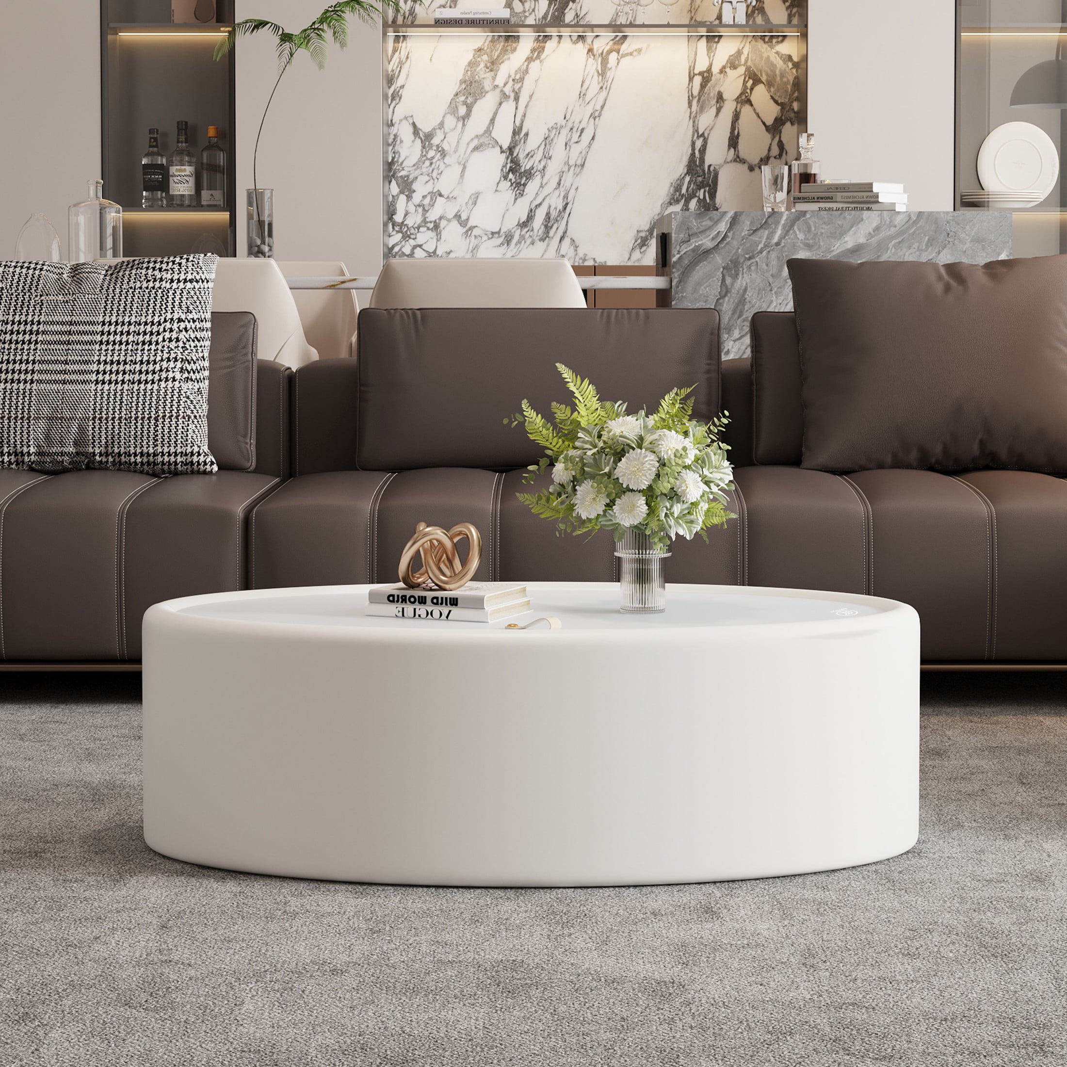 Noble House Morade 33.5" Fluted Oval Storage Coffee Table with Glass Top & Leather Wrapped for Living Room, White