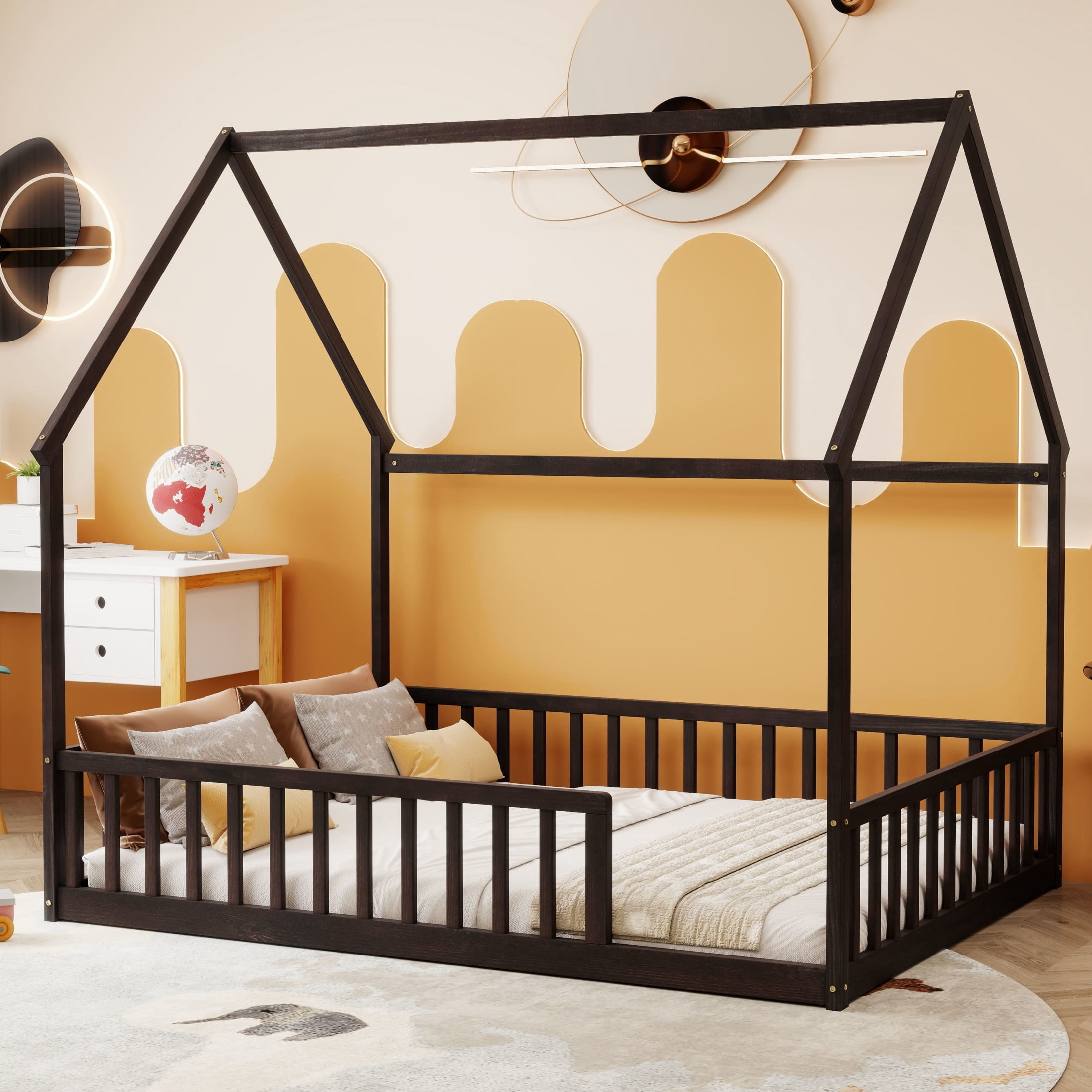 Noble House Morde Full Size House Floor Bed with Gable Roof Frame & Safety Guardrails, Pine Wooden Bed Frame, Espresso