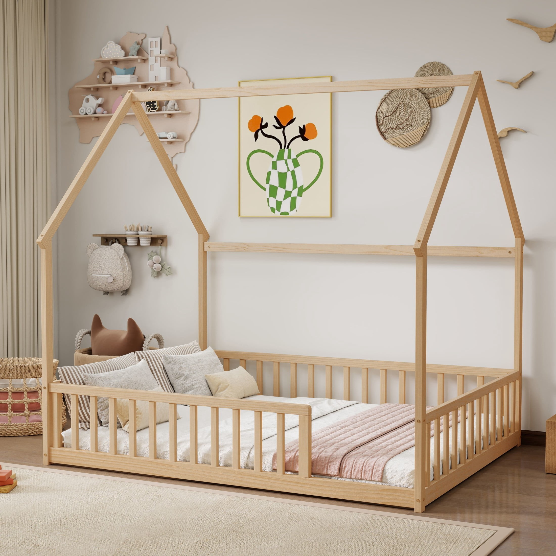 Noble House Morde Full Size House Floor Bed with Gable Roof Frame & Safety Guardrails, Pine Wooden Bed Frame, Natural