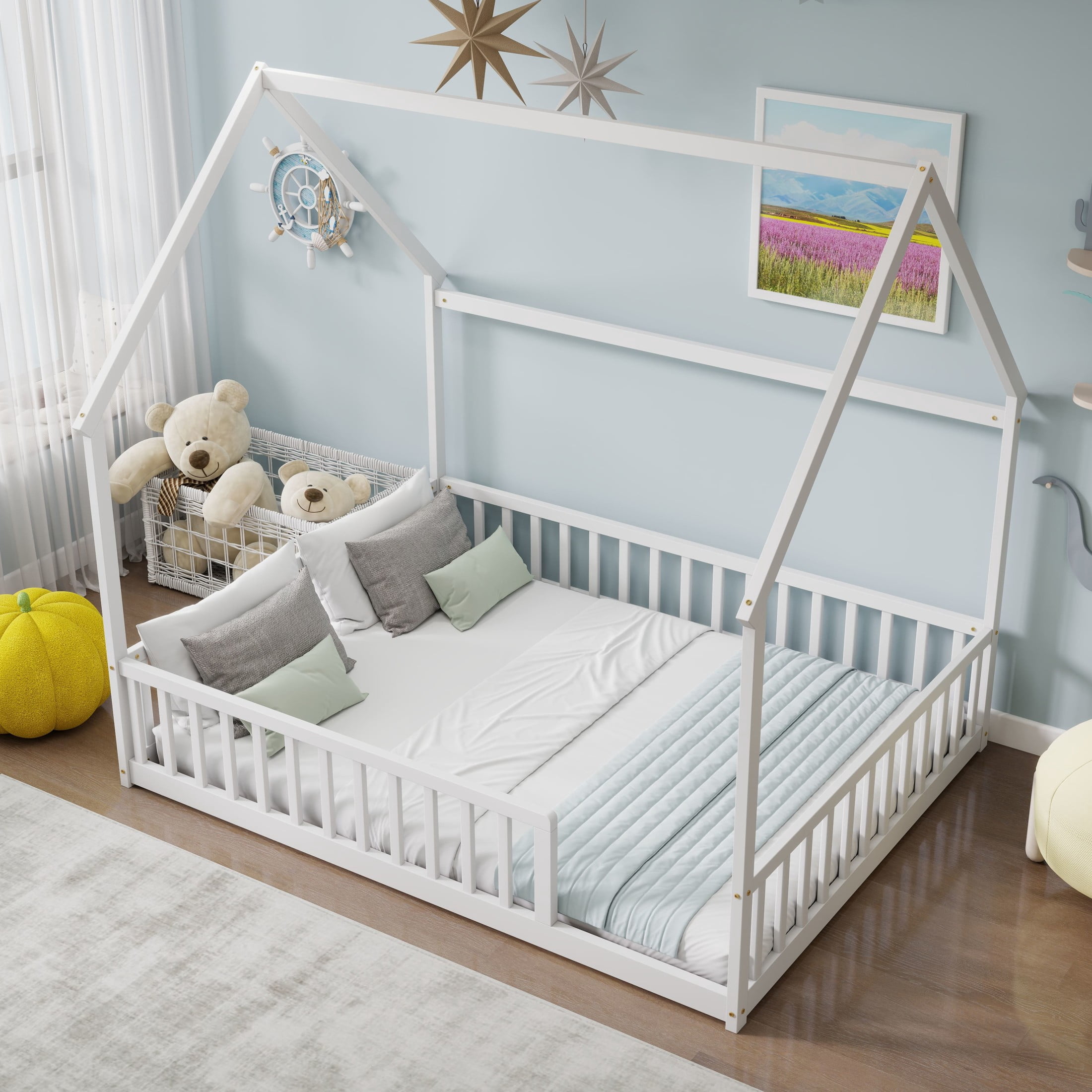 Noble House Morde Full Size House Floor Bed with Gable Roof Frame & Safety Guardrails, Pine Wooden Bed Frame, White