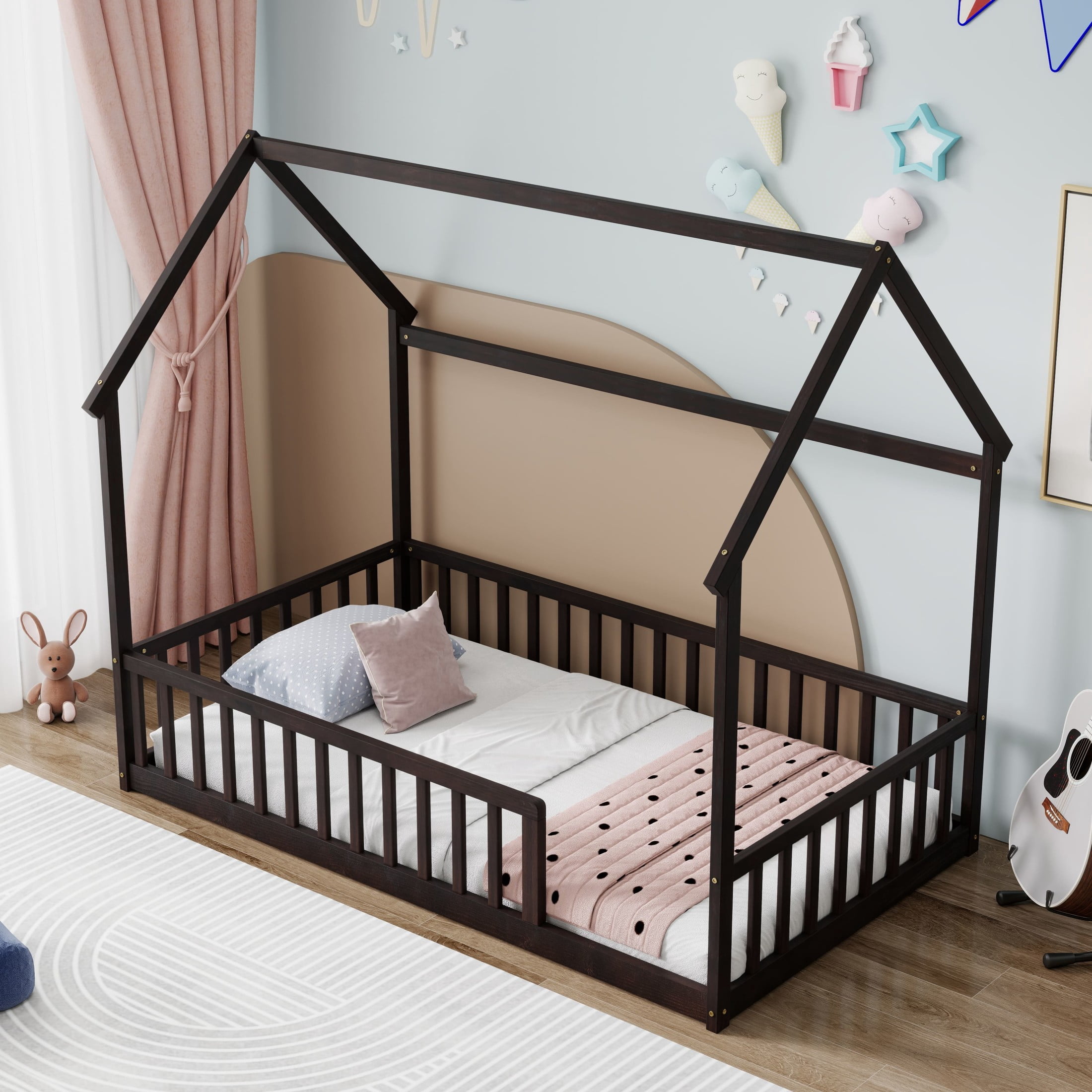 Noble House Morde Twin Size House Floor Bed with Gable Roof Frame & Safety Guardrails, Pine Wooden Bed Frame, Espresso