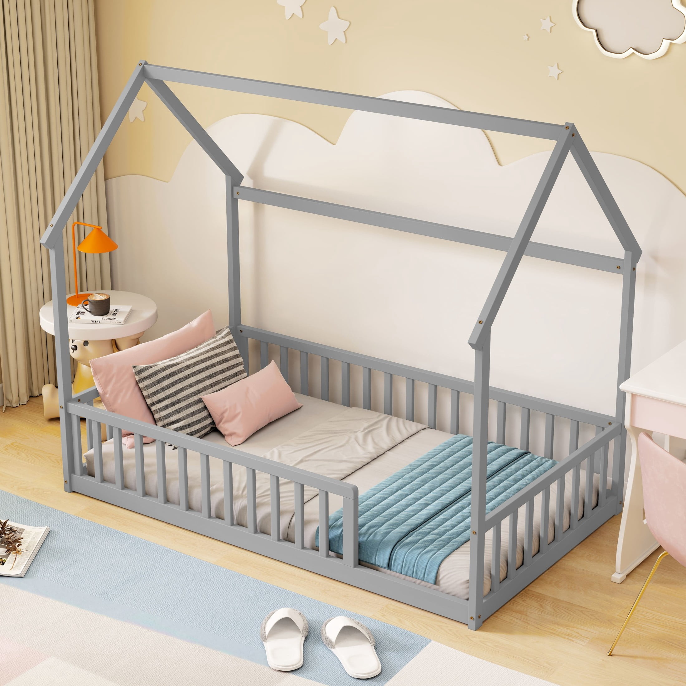 Noble House Morde Twin Size House Floor Bed with Gable Roof Frame & Safety Guardrails, Pine Wooden Bed Frame, Grey