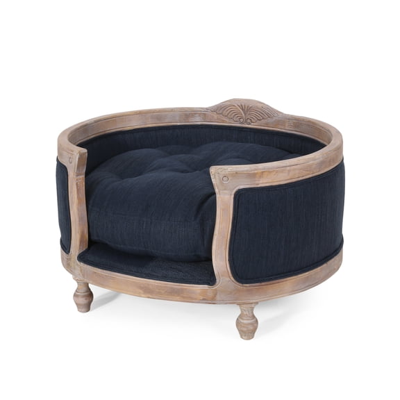 Noble House Moreno Fabric and Wood Frame Medium Pet Bed, Navy Blue and Antique Natural