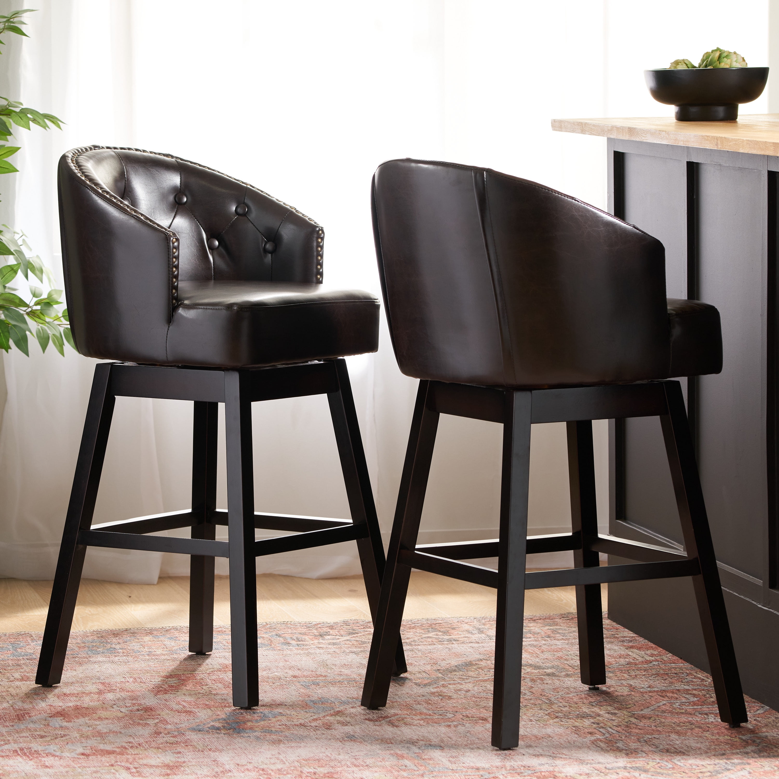 Noble House Morgan Brown Bonded Leather Swivel Bar Stool Set of 2