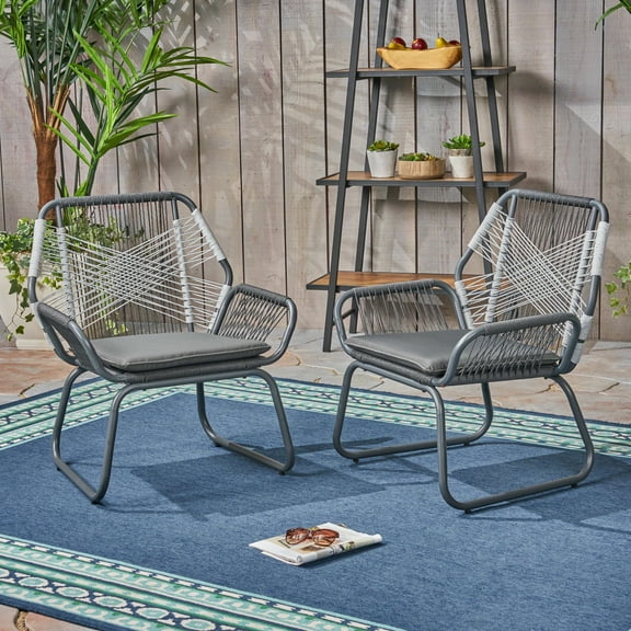 Noble House Morgan Modern Solid Print Outdoor Rope and Steel Club Chairs, Gray / White Set of 2
