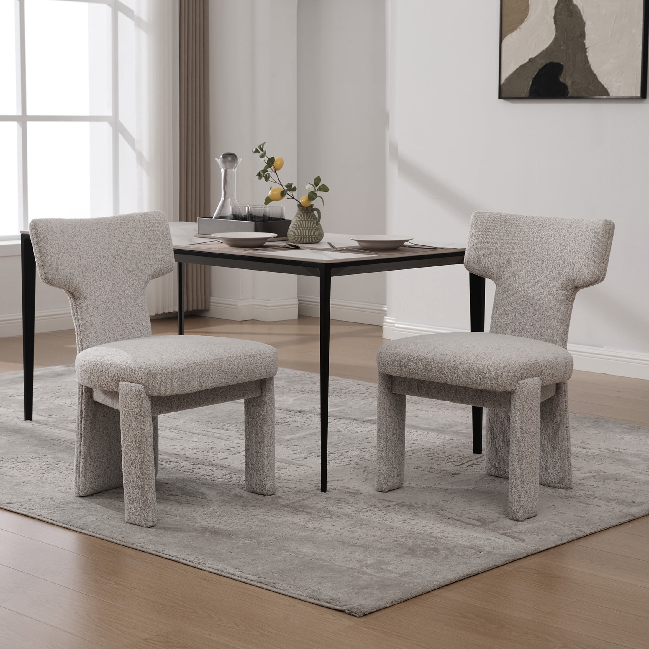Noble House Morse 22" Chenille Dining Chair Set of 2, Armless Curved Back Accent Chairs with Rubberwood Legs, Beige