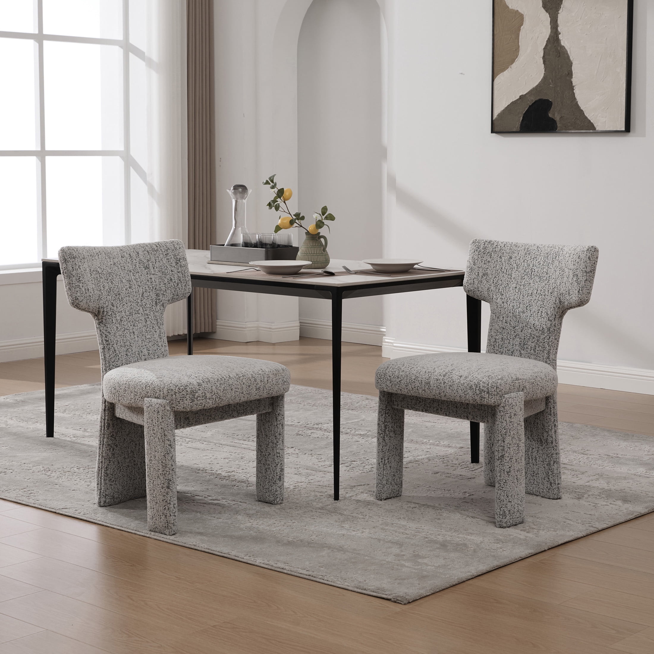 Noble House Morse 22" Chenille Dining Chair Set of 2, Armless Curved Back Accent Chairs with Rubberwood Legs, Black & White