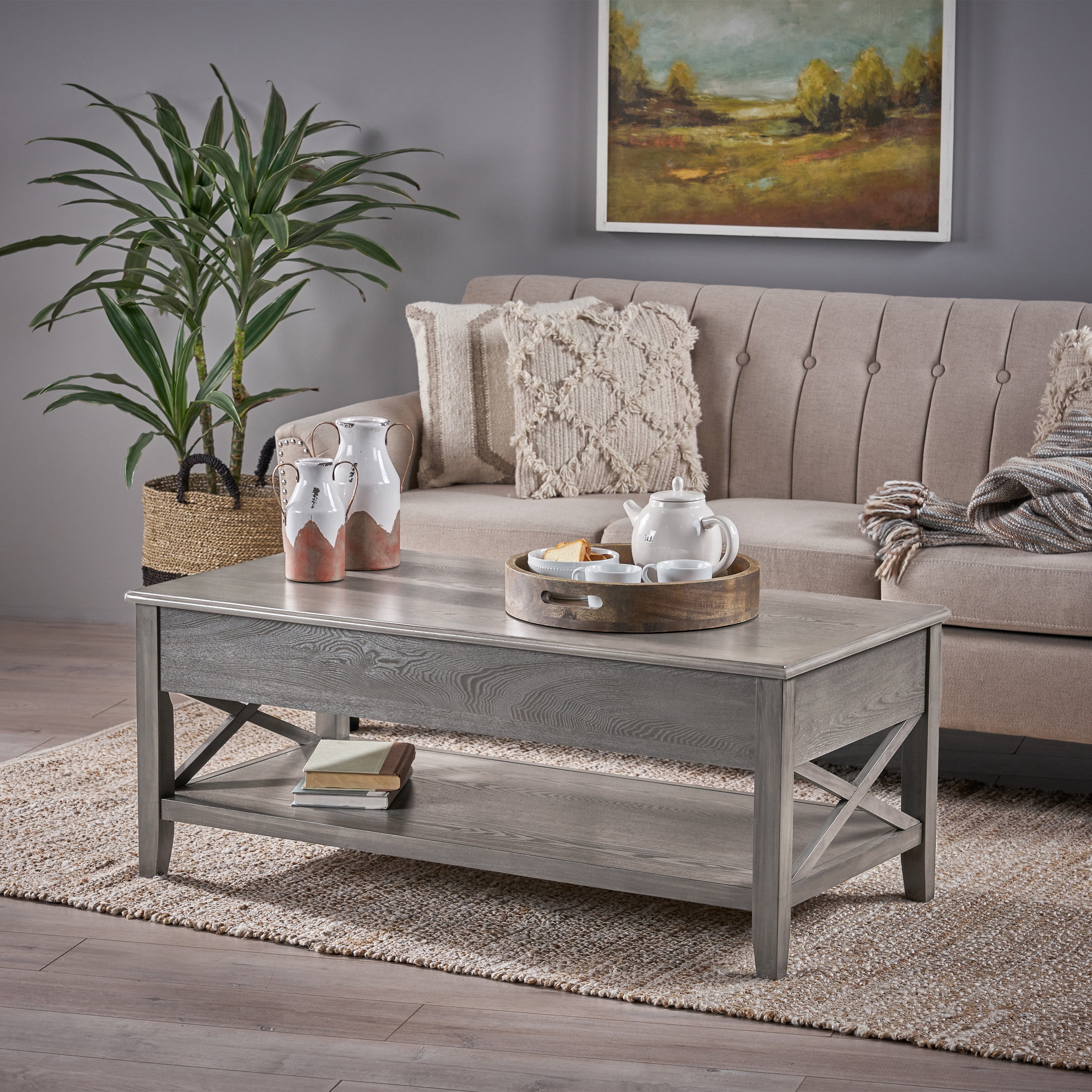 Noble House Moses Farmhouse Faux Wood Lift Top Coffee Table, Gray ...