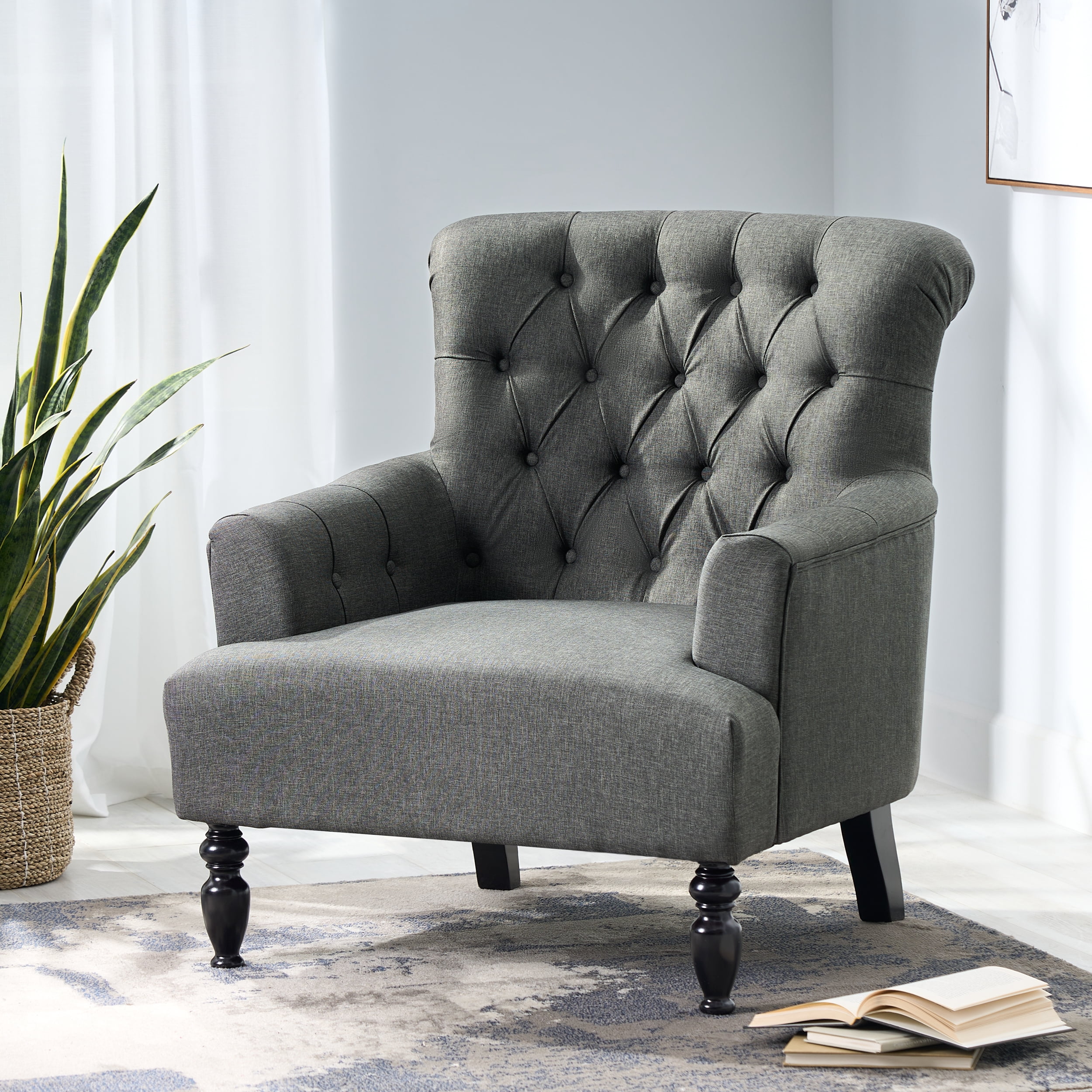 Noble House Moterey Dark Gray Fabric Tufted Club Chair