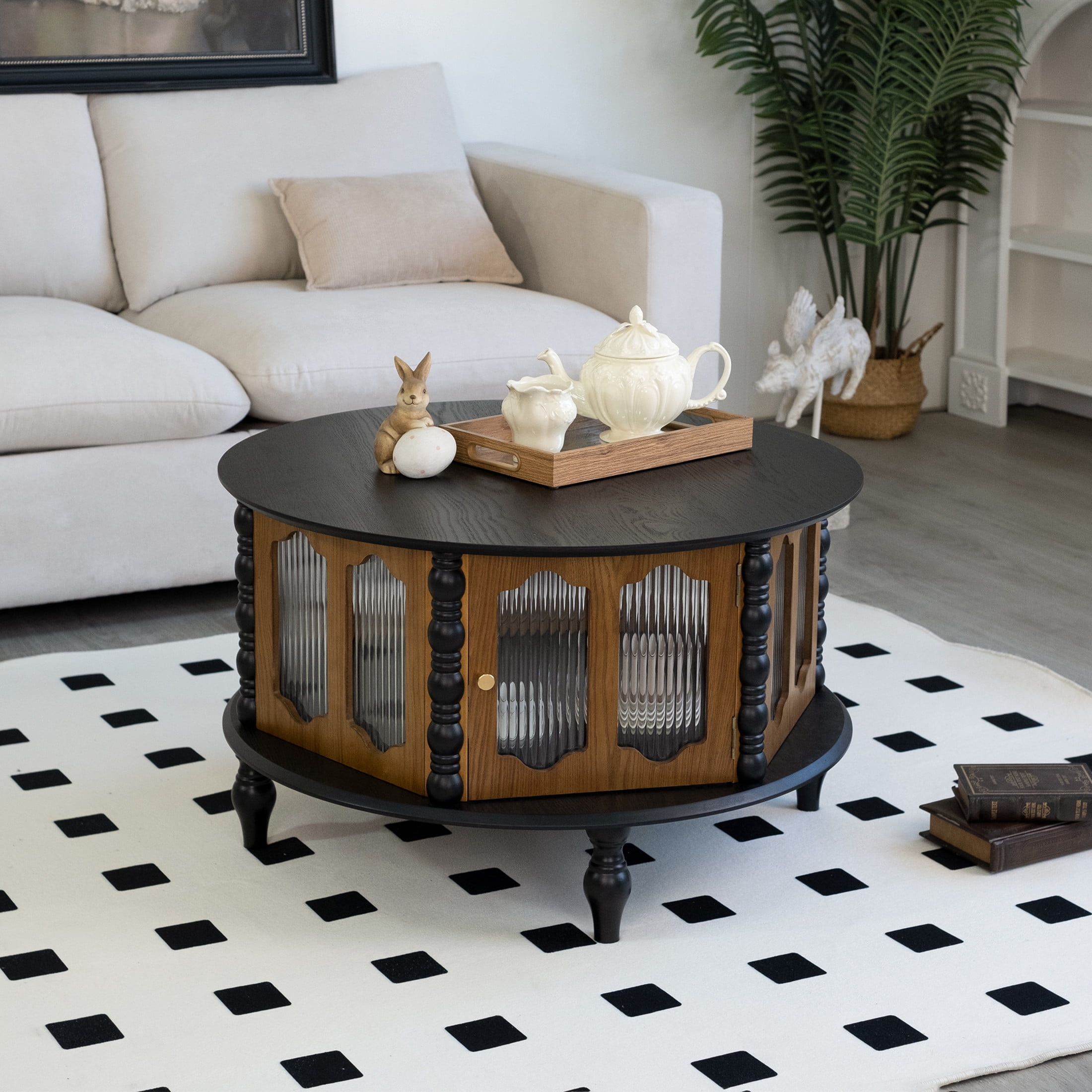 Noble House Mourade 31.5" Round Coffee Table with Storage, Industrial Modern Center Table for Small Spaces, Black