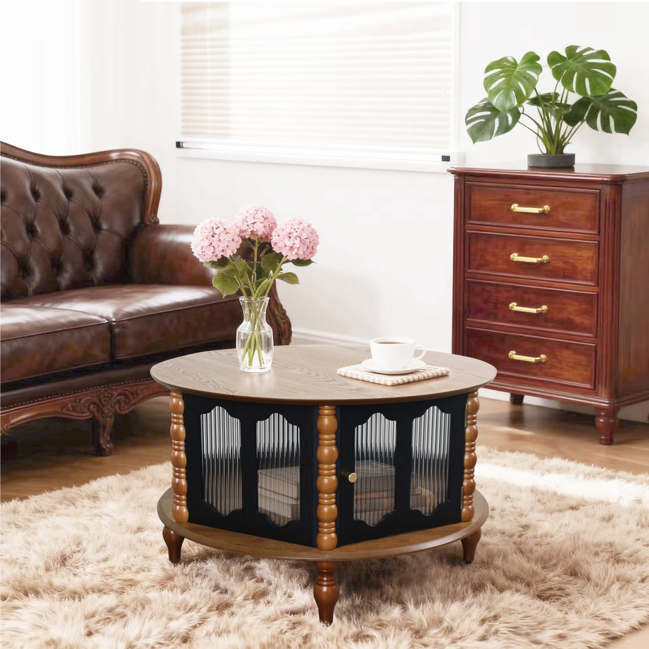 Noble House Mourade 31.5" Round Coffee Table with Storage, Industrial Modern Center Table for Small Spaces, Brown
