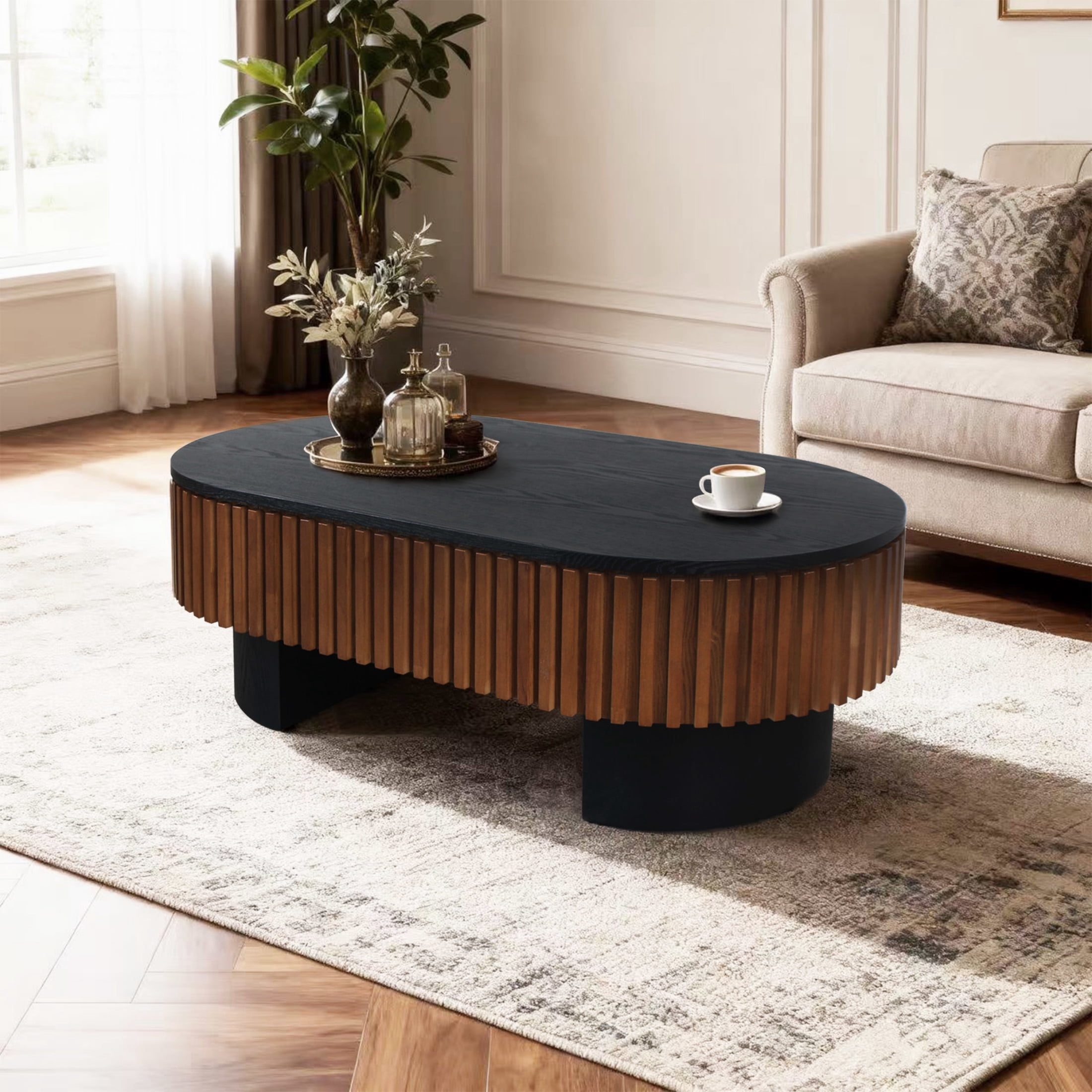 Noble House Mourade 44" Elliptical Coffee Table with Hidden Storage, Modern Fluted Mushroom Accent Table, Black