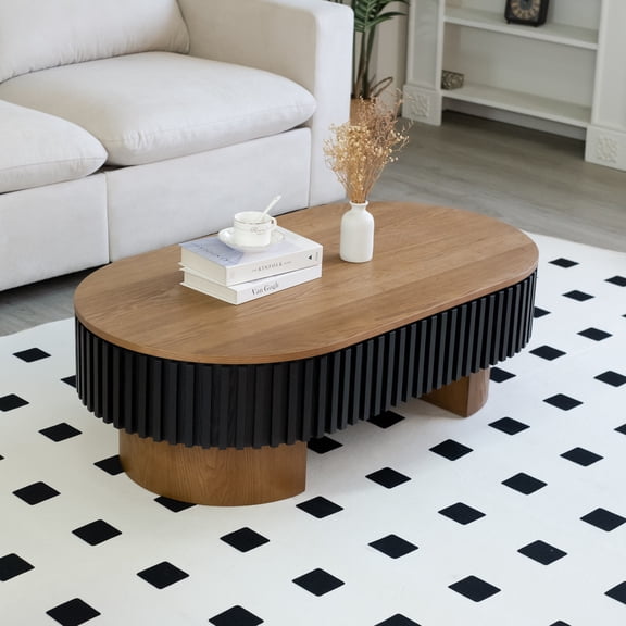 Noble House Mourade 44" Elliptical Coffee Table with Hidden Storage, Modern Fluted Mushroom Accent Table, Brown