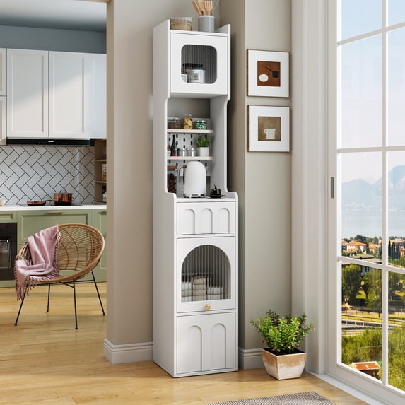 Noble House Multi-Functional Sideboard Cabinet, Glass Doors, Drawers, Pegboard & Shelves, Slim Organizer, White